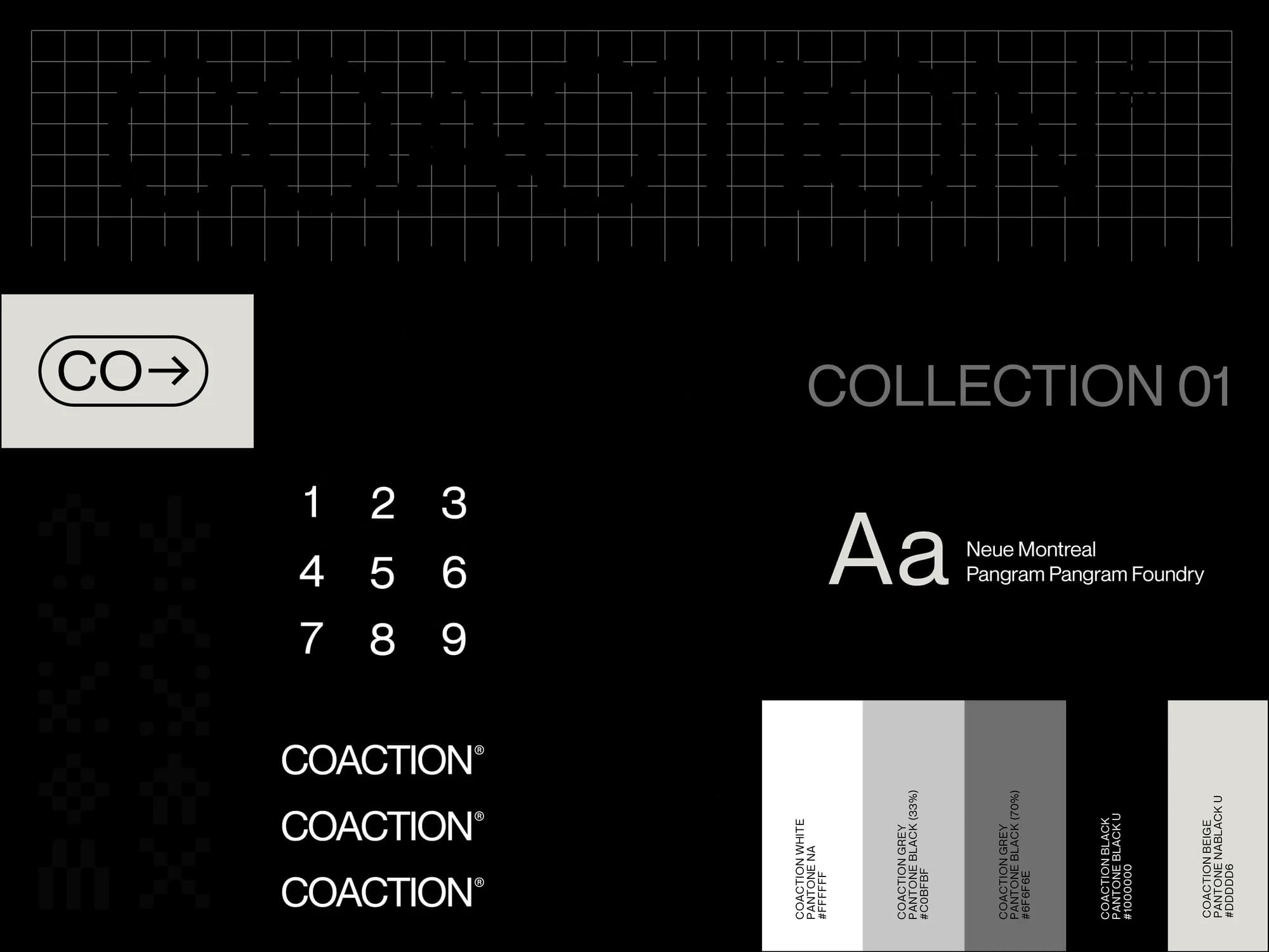 The Coaction brand sheet on paper: the wordmark on a ruler grid, the CO→ submark, COLLECTION 01, pixel glyphs, numerals and a grey palette