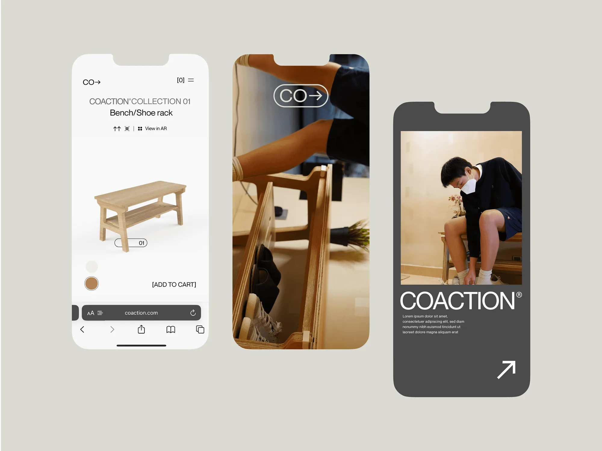 Three phone screens on paper: the Bench/Shoe rack product page with View in AR and Add to cart, a CO→ lifestyle shot and a boy putting on shoes