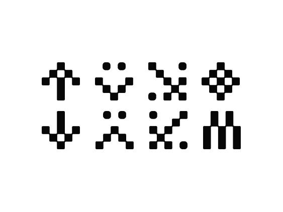 Eight black pixel icons on white, on paper: arrows, faces and crosses