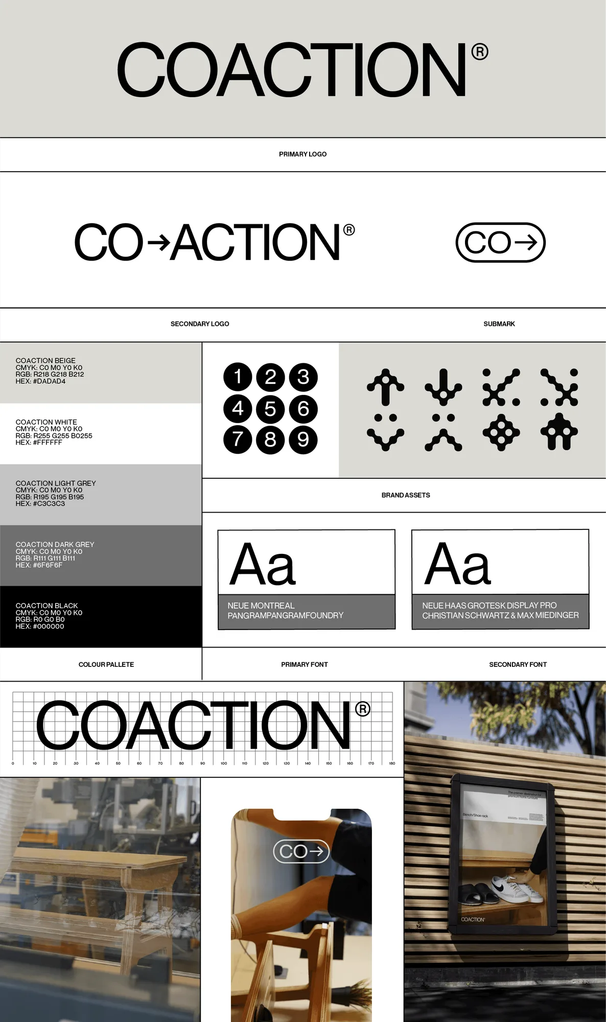 The Coaction guidelines board on paper: primary and secondary logos, submark, palette with CMYK, RGB and HEX values, fonts and applications