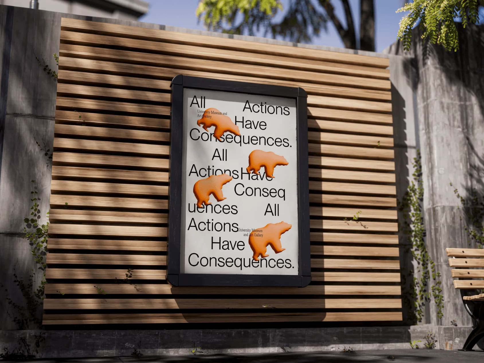 A framed All Actions Have Consequences. poster with orange 3D polar bears on a sunlit slatted wall