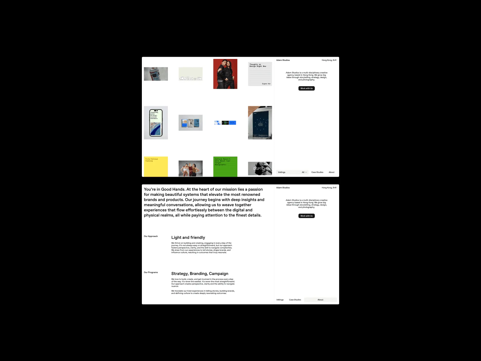 Two Adam Studios web pages on black: a white grid of work thumbnails and an About page, You're in Good Hands