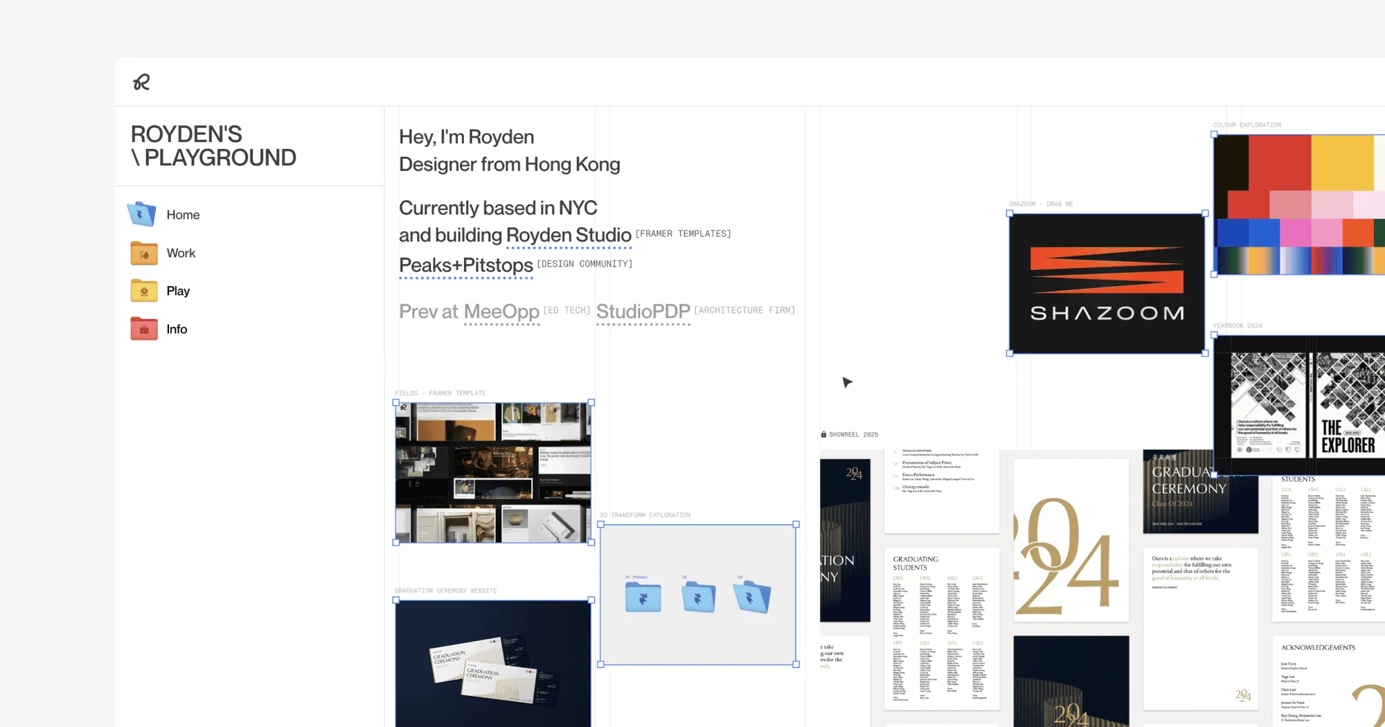 Royden's Playground: a sidebar of coloured folders, a Hey, I'm Royden intro and a canvas of project cards