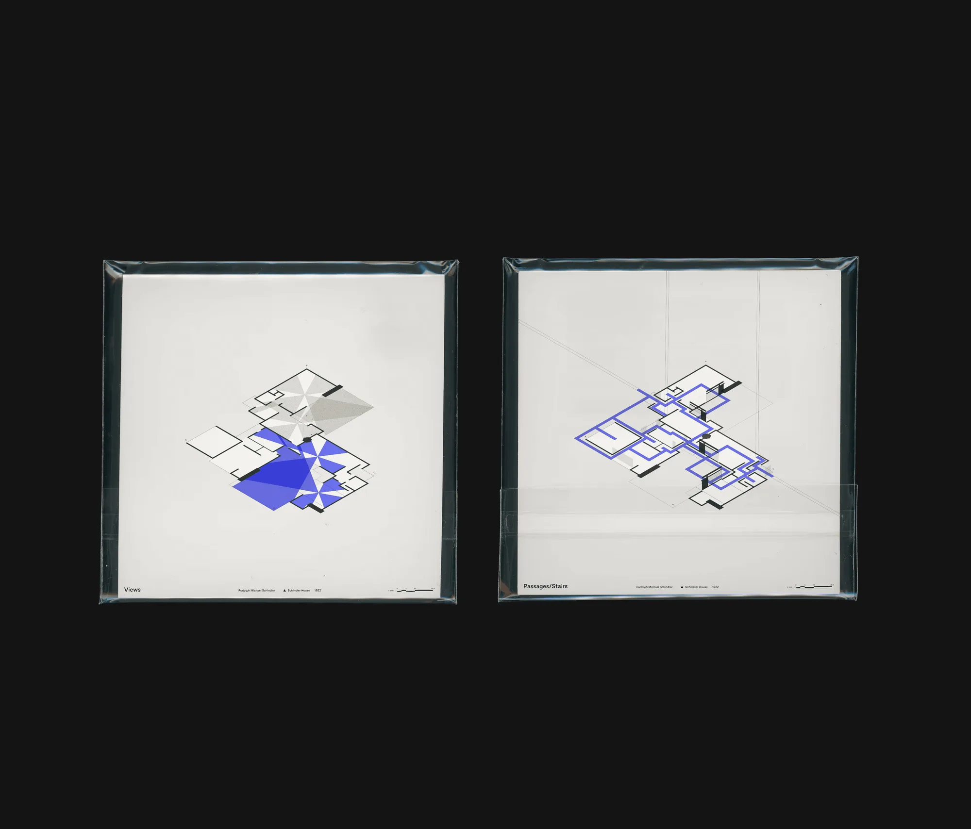 Two square prints in clear sleeves: isometric plans of the Schindler House, one of views in blue cones, one of passages and stairs