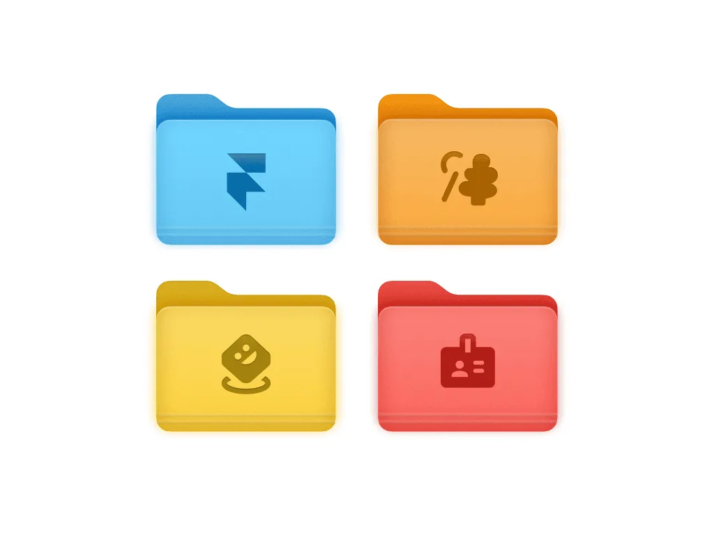 Four glossy 3D folder icons: blue with the Framer logo, orange, yellow and red, each with a badge