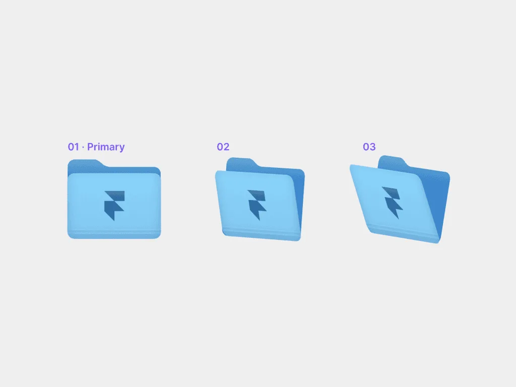 Three light-blue Framer folder icons labelled 01 Primary, 02 and 03, each opening wider