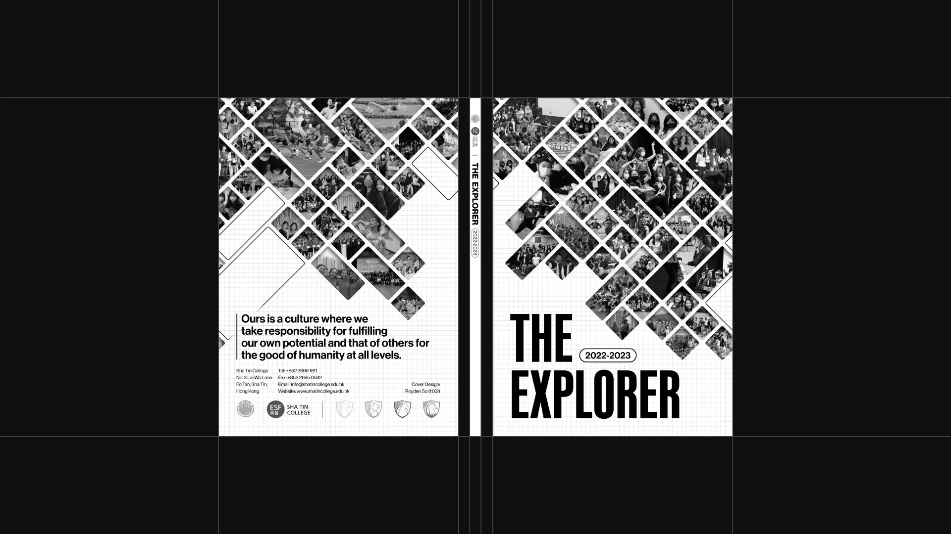 The Explorer 2022-2023 cover spread in black and white: a diamond photo collage and the mission statement on the back