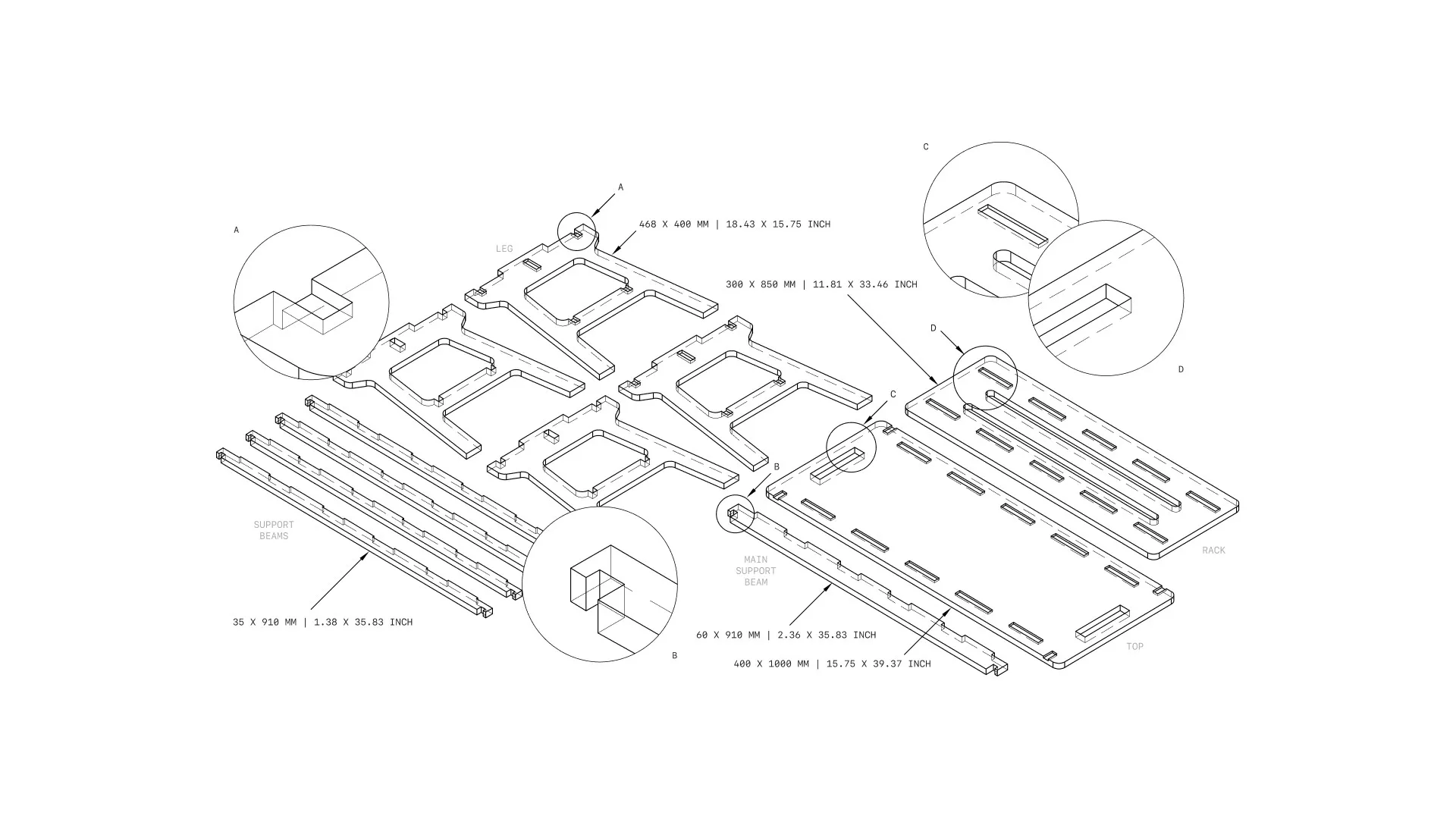 An isometric exploded line drawing of a flat-pack table: legs, beams, top and rack, with joint details A to D