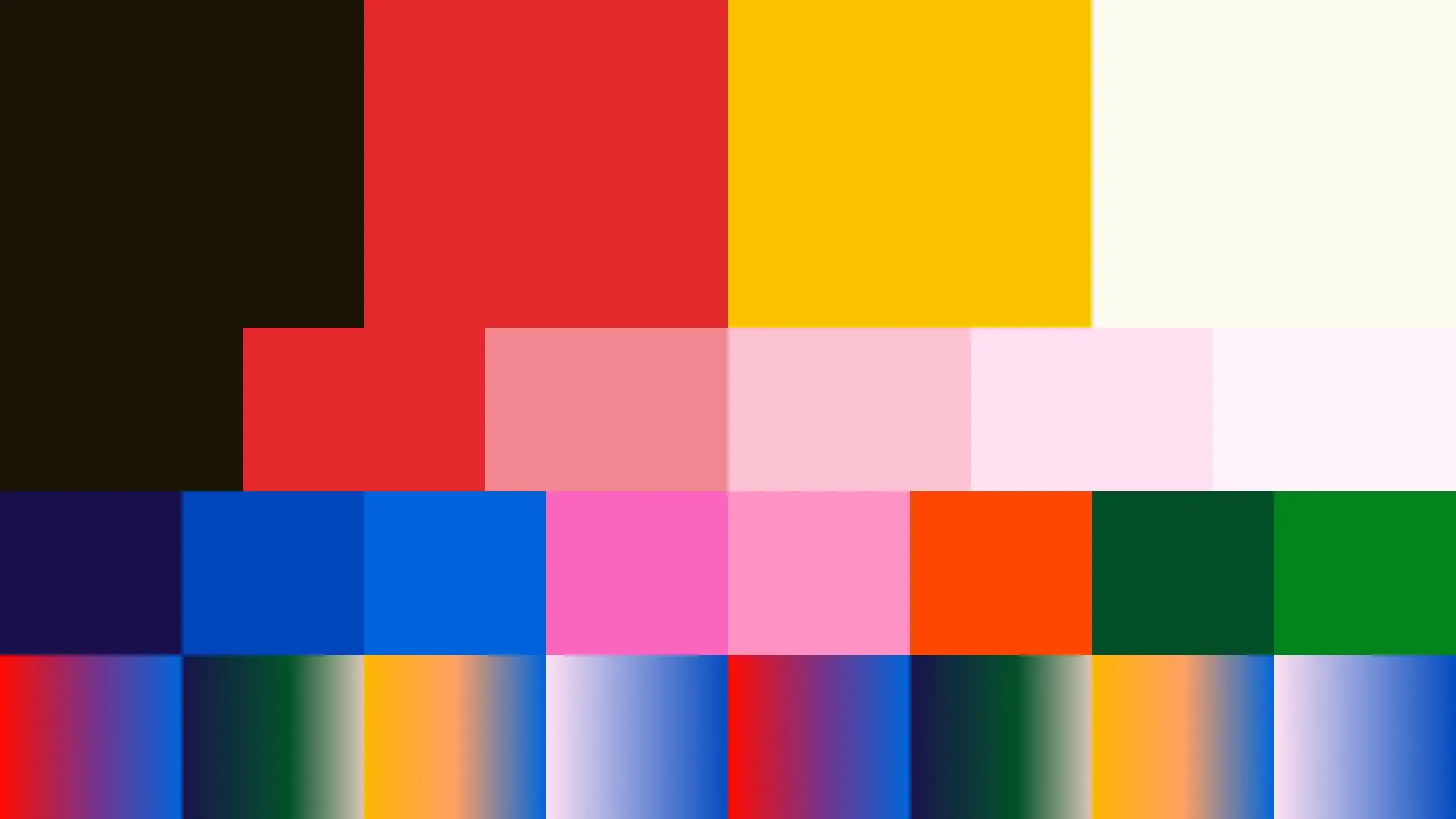 Colour blocks of near-black, red, yellow and cream, a red tint row, and gradients below