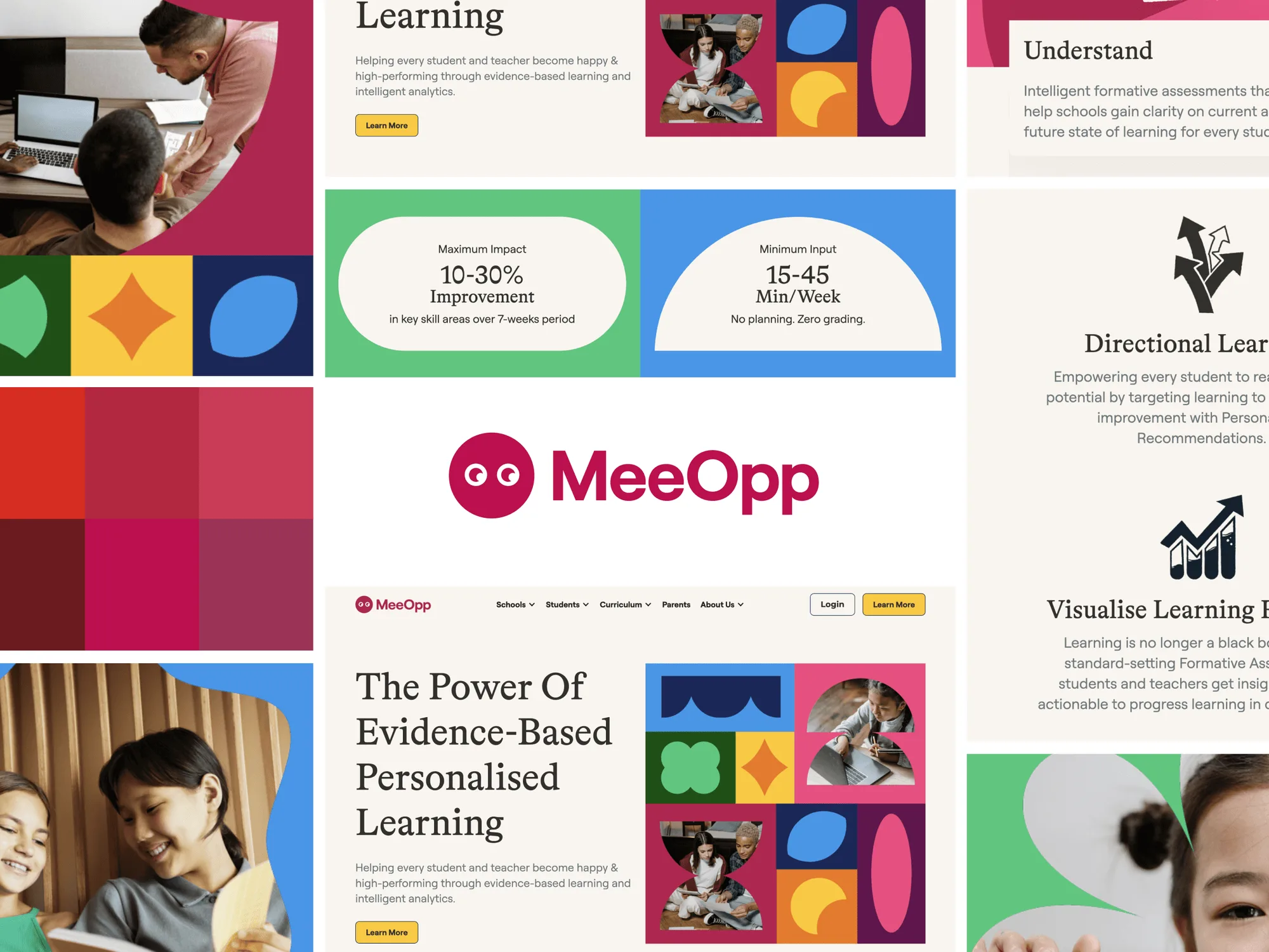 MeeOpp website sections: The Power Of Evidence-Based Personalised Learning, 10-30% Improvement and 15-45 Min/Week cards