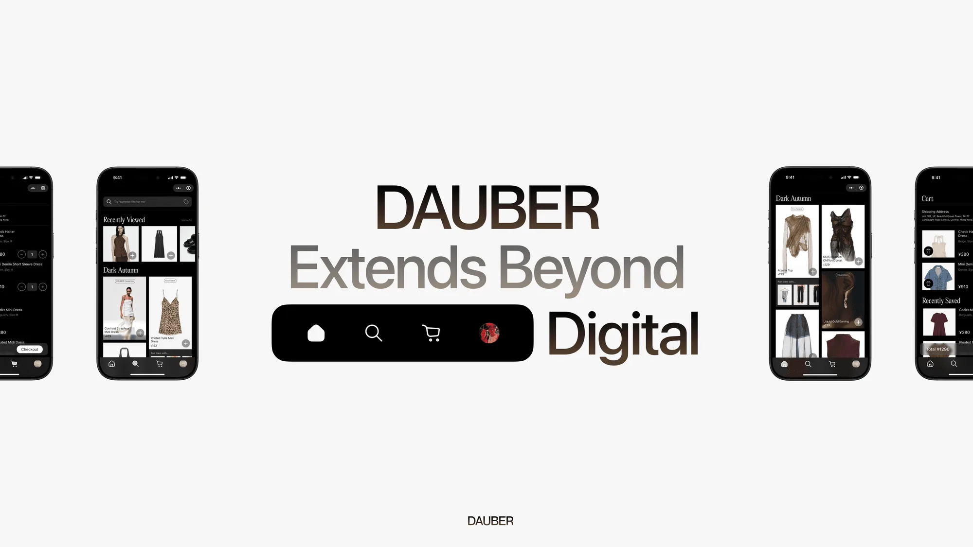 DAUBER Extends Beyond Digital in a gradient headline, flanked by dark iPhone screens
