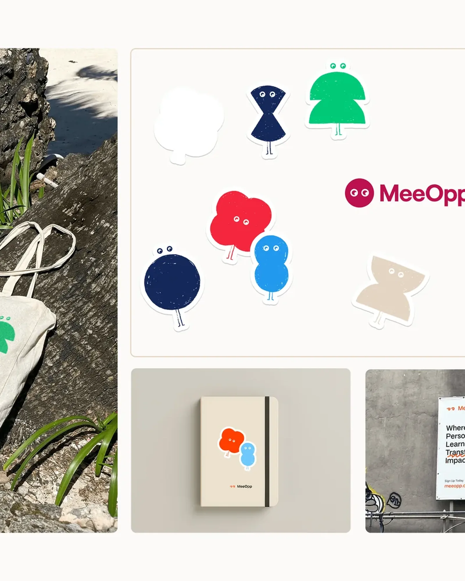 MeeOpp merchandise: a tote bag on rocks, shape-character stickers, a notebook and a billboard, Where Personalized Learning Leads To Transformative Impact