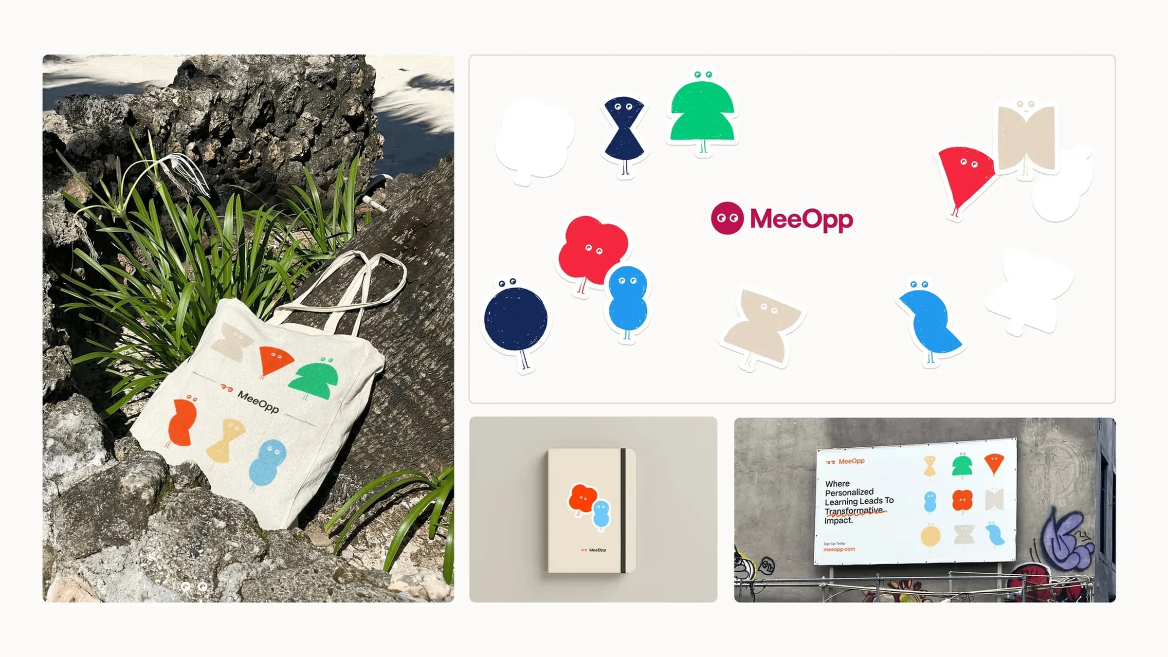 MeeOpp merchandise: a tote bag on rocks, shape-character stickers, a notebook and a billboard, Where Personalized Learning Leads To Transformative Impact