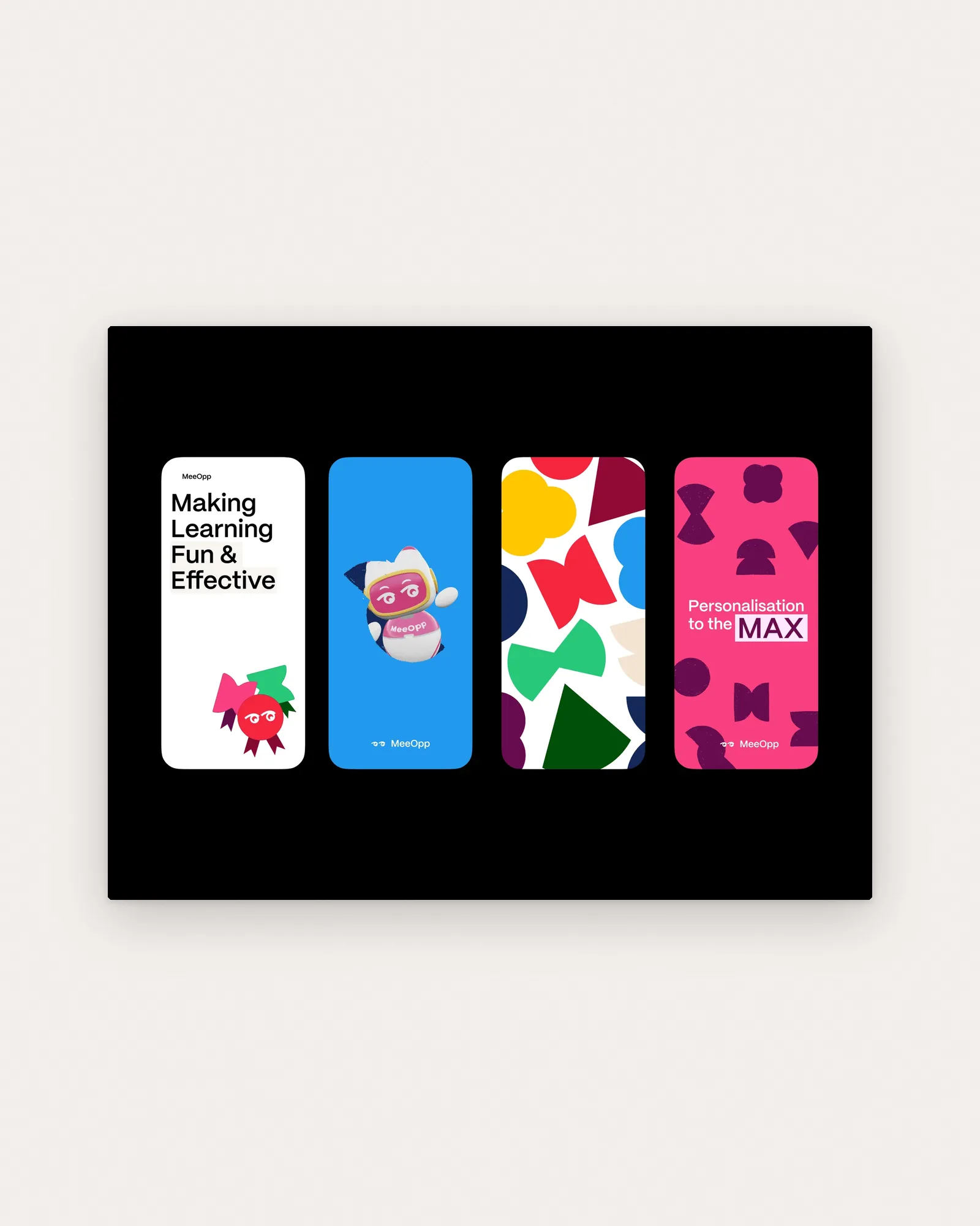 Four MeeOpp phone cards on black, on paper: Making Learning Fun & Effective, the robot mascot, a shape pattern and Personalisation to the MAX