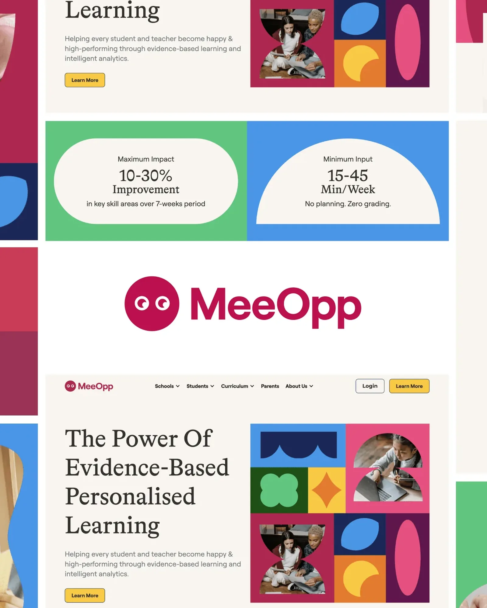 The MeeOpp brand refresh: the magenta wordmark with its eyes, a magenta palette, website sections on evidence-based personalised learning, and student photos