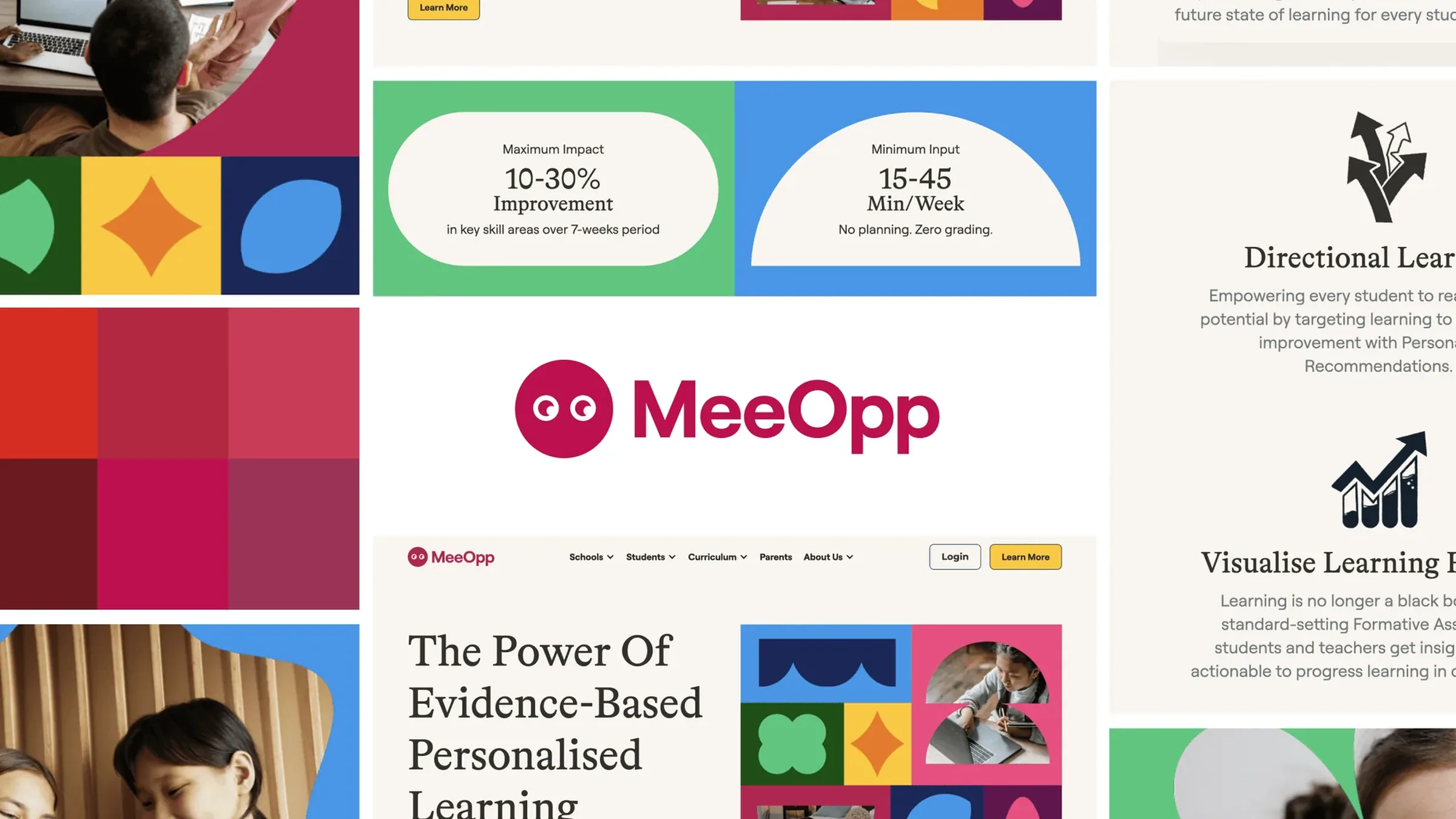 The MeeOpp brand refresh: the magenta wordmark with its eyes, a magenta palette, website sections on evidence-based personalised learning, and student photos