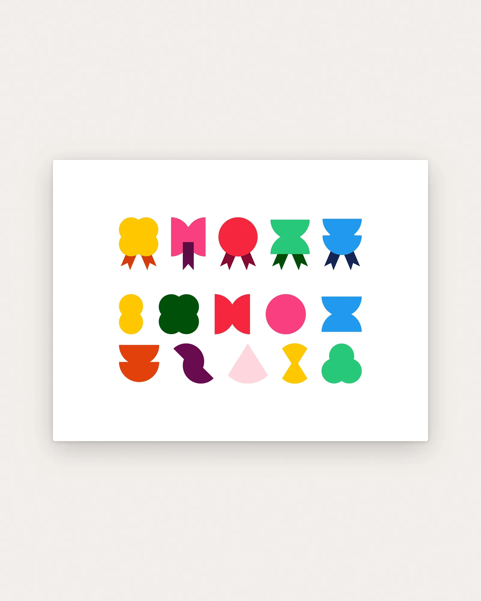 Fifteen flat MeeOpp shapes in yellow, pink, red, green, blue, orange and purple, some with ribbon tails like badges, on paper