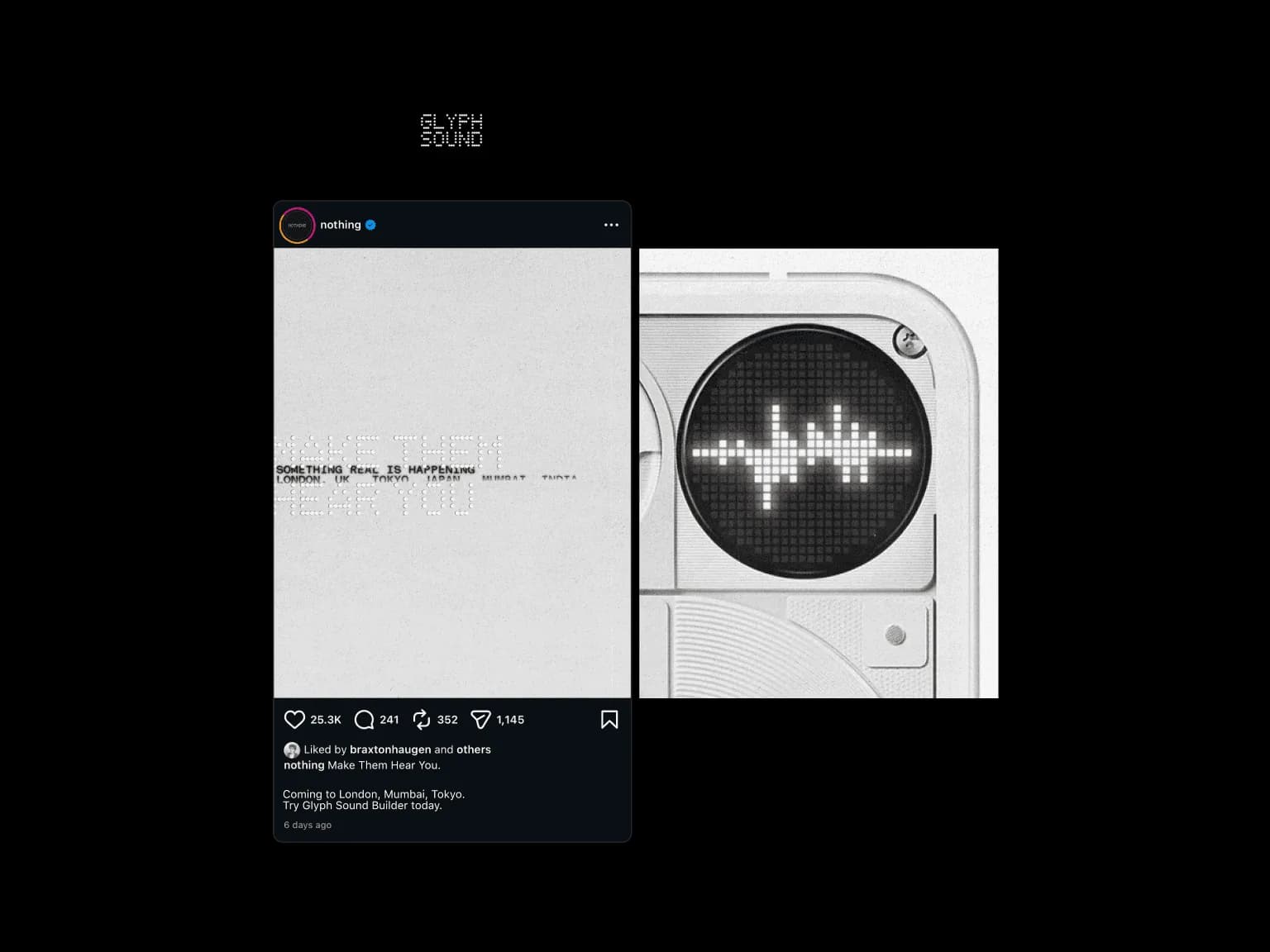 A GLYPH SOUND Instagram post from @nothing beside the Glyph LED ring showing a waveform