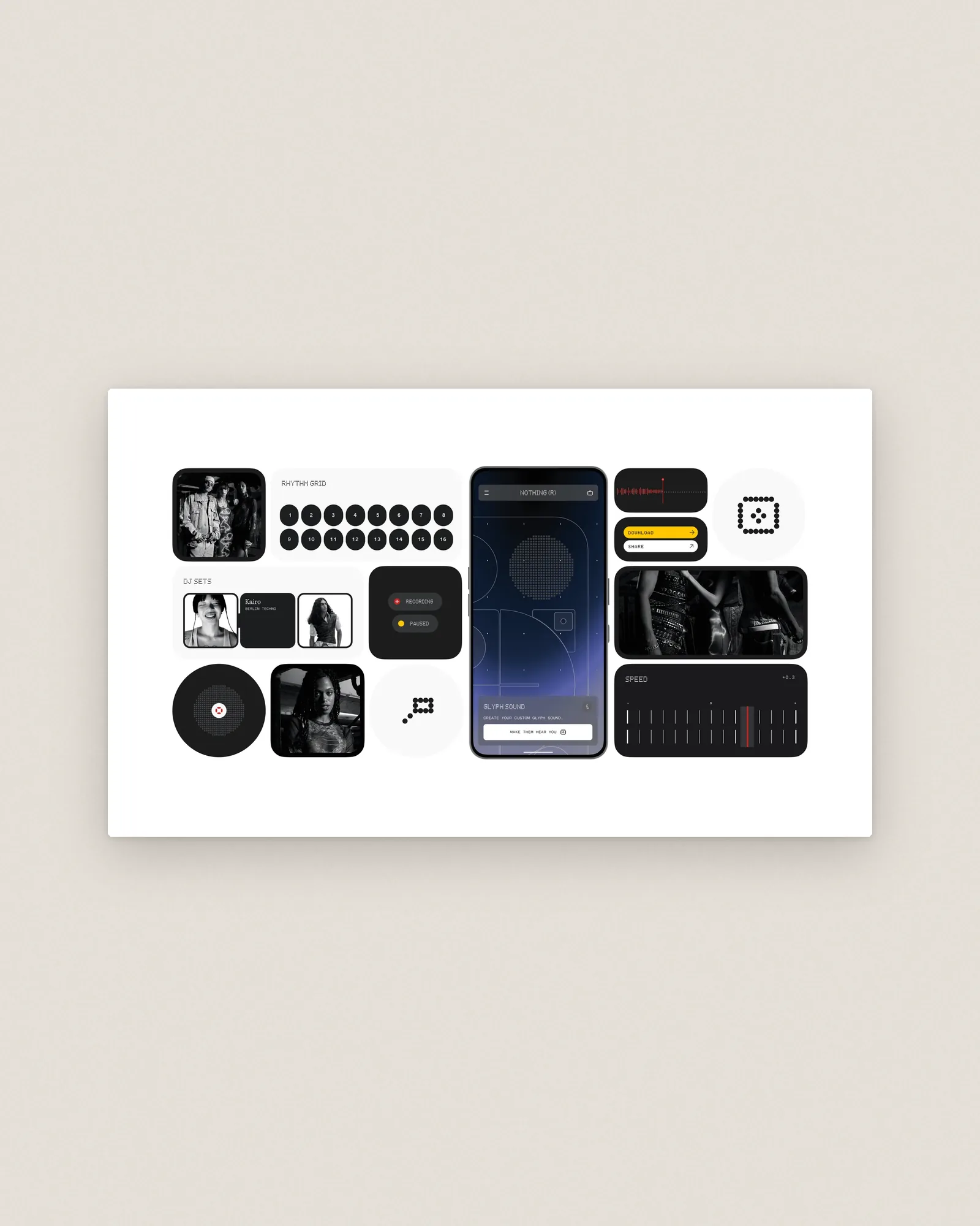 The Glyph Sound app as a grid of parts on stone: rhythm grid, DJ sets, recording pills, a speed slider and a yellow download button around a phone