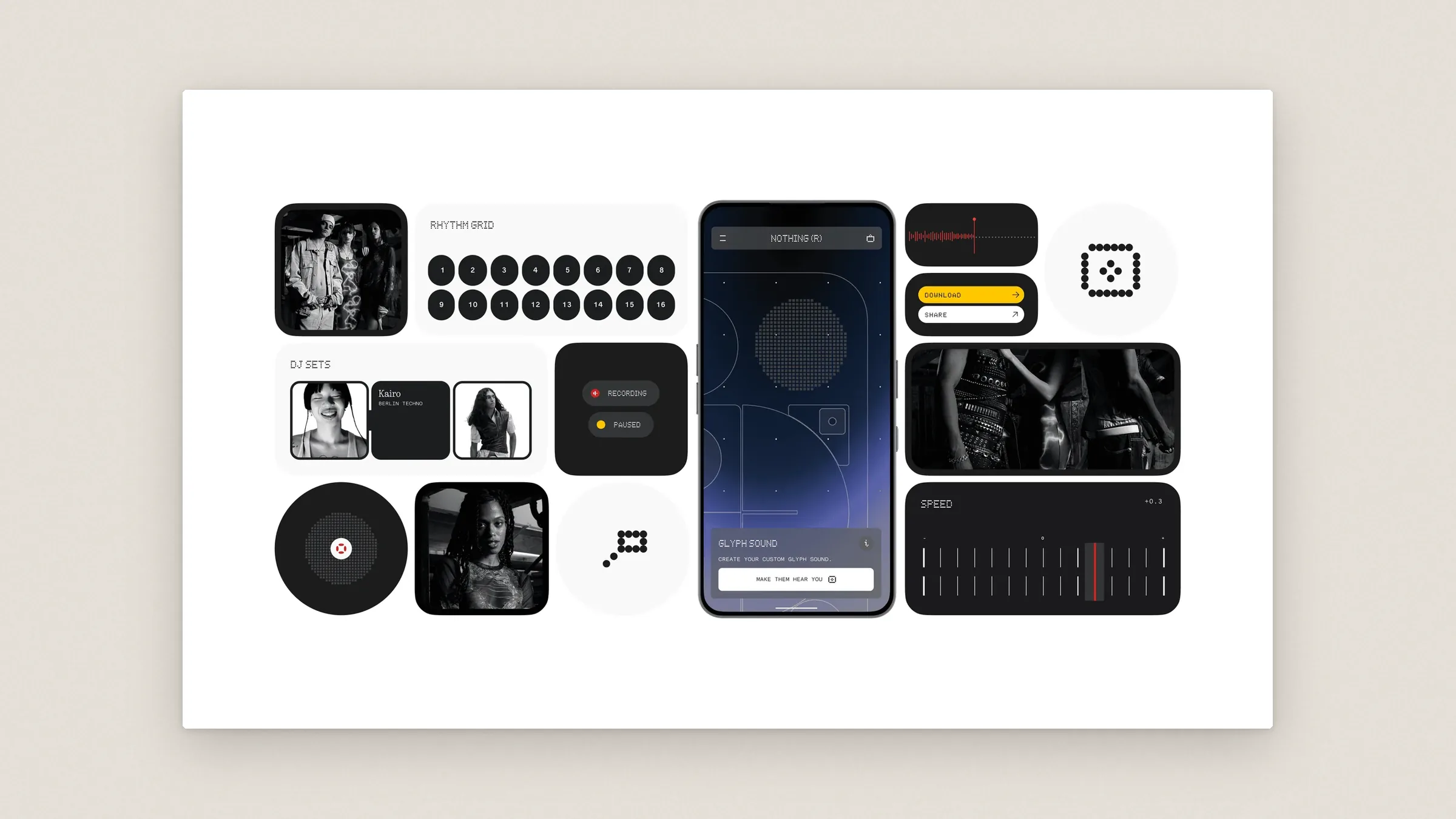 The Glyph Sound app as a grid of parts on stone: rhythm grid, DJ sets, recording pills, a speed slider and a yellow download button around a phone