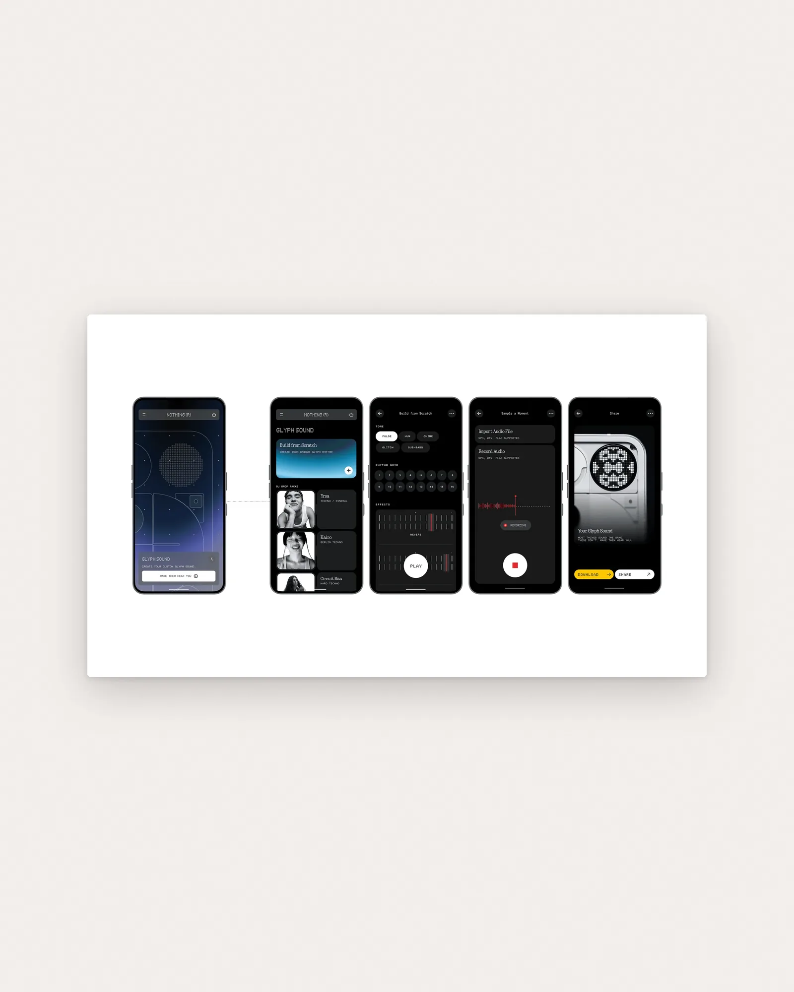 Five dark Glyph Sound screens on paper: home, Build from Scratch with DJ drop packs, a rhythm grid, Sample a Moment and the finished Glyph Sound