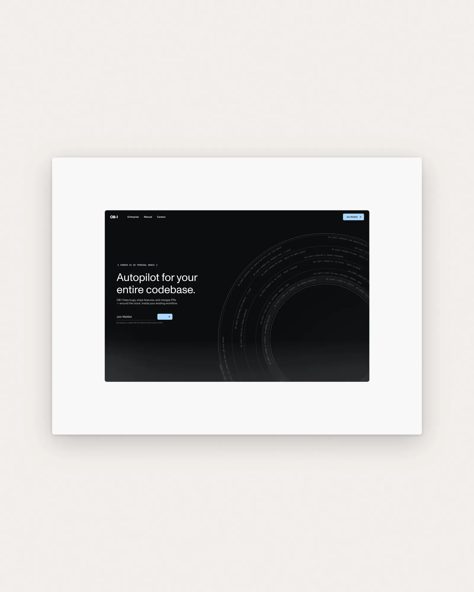 The dark OB-1 landing page: Enterprise, Manual and Careers in the nav, the hero headline, and arcs of OB-1[BOT] commit messages
