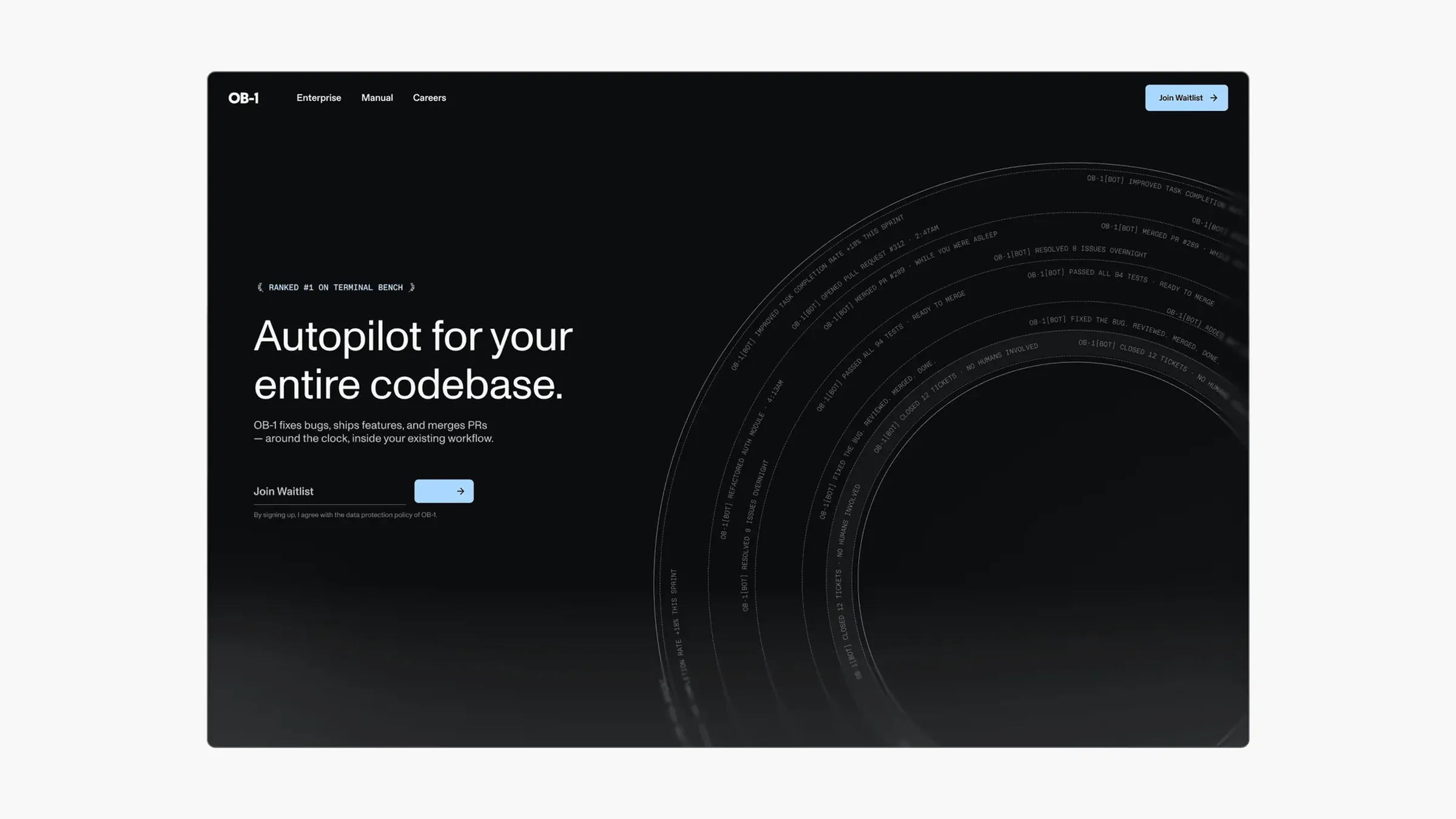 The dark OB-1 landing page: Enterprise, Manual and Careers in the nav, the hero headline, and arcs of OB-1[BOT] commit messages