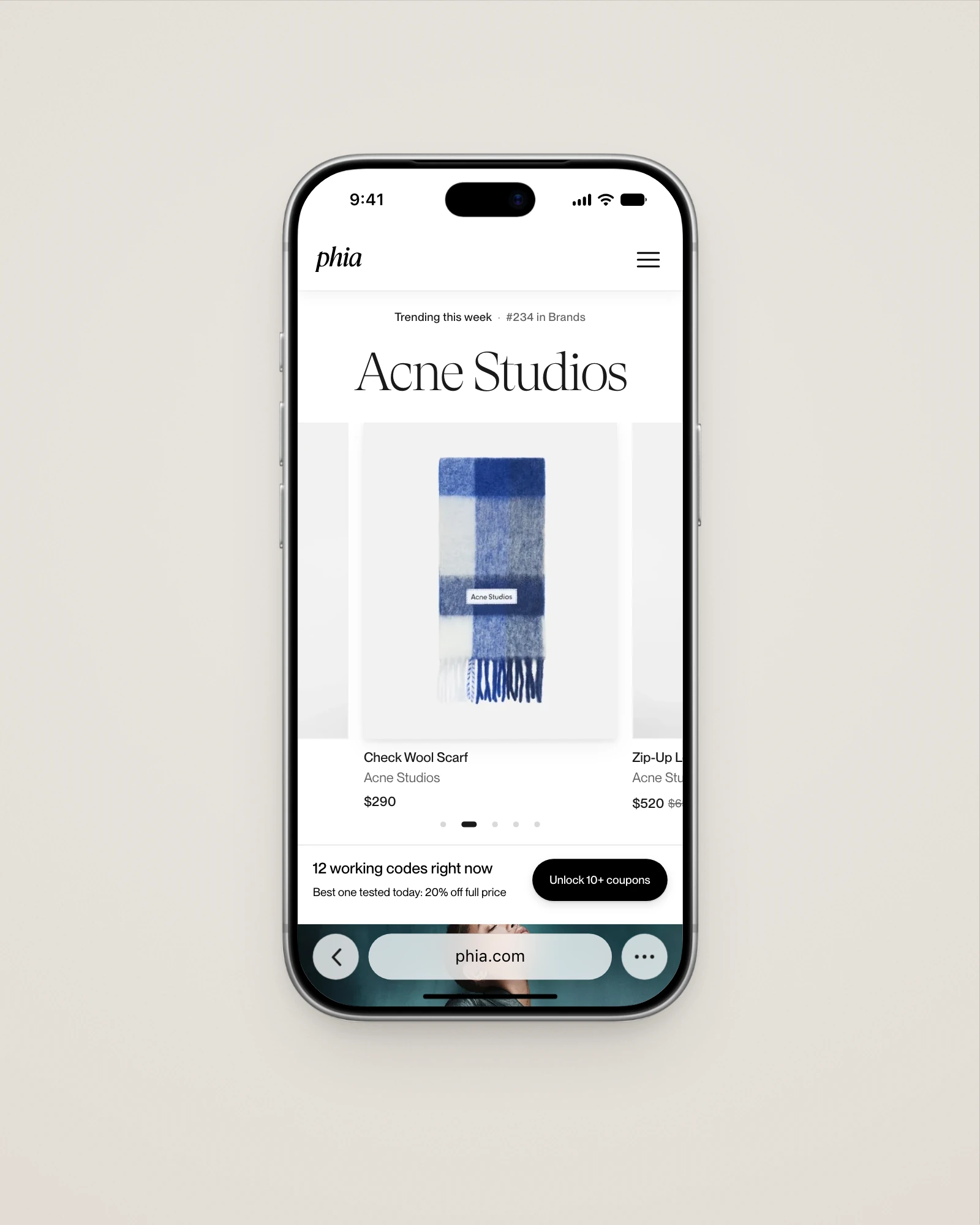 Phia's Acne Studios brand page on an iPhone: a check wool scarf, $290, and 12 working codes