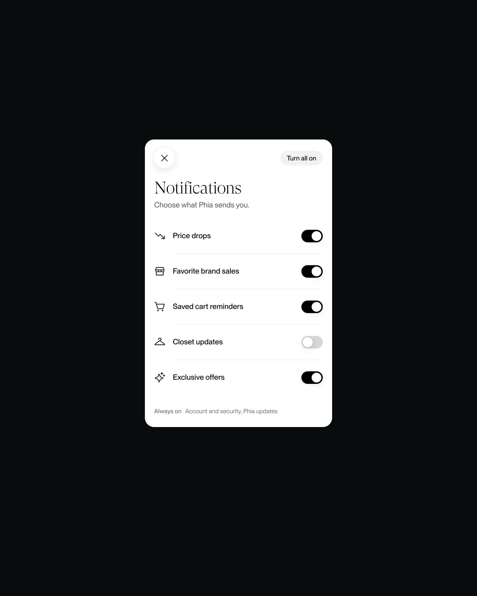 Notification settings as one sheet on black: five topic switches, Closet updates turned off, Turn all on at the top, and no global push switch