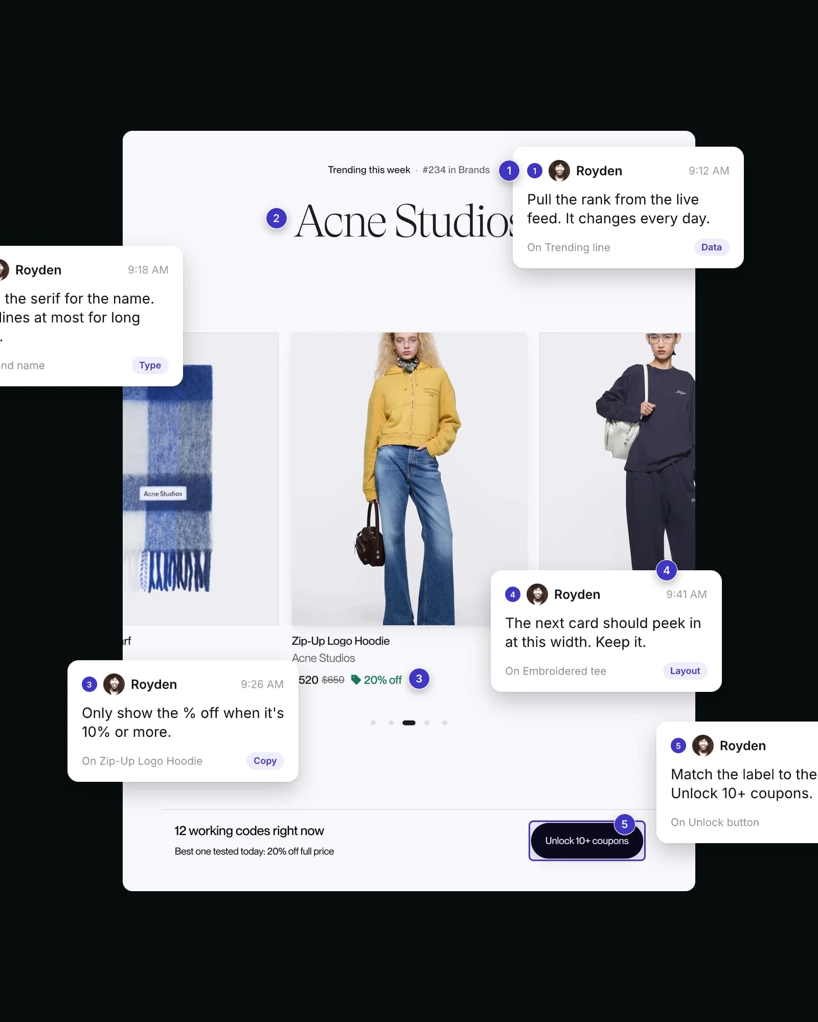 The coded Acne Studios brand page at desktop width with five numbered review comments pinned to it: the rank, the brand name, the discount, the peeking card and the Unlock button