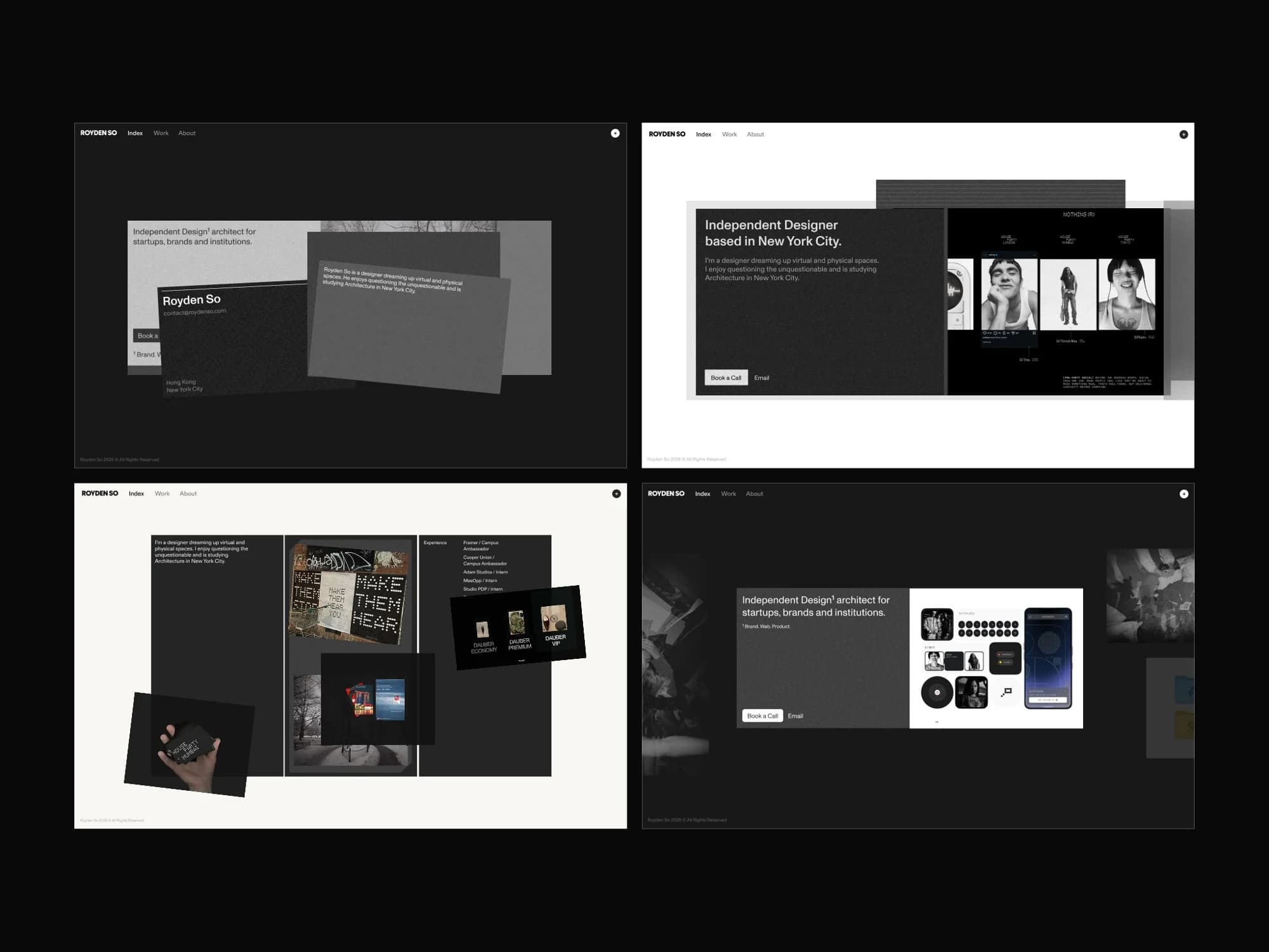 From a post on X: Four dark portfolio layouts explored in Framer, grids of work on black and on paper