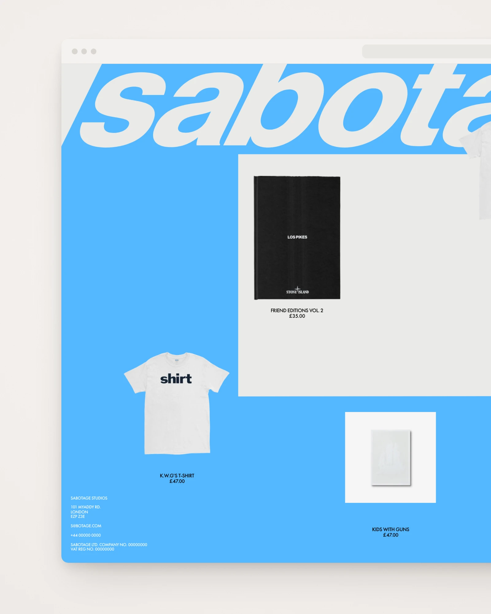 The Sabotage store in a browser window: the giant white wordmark on blue, and t-shirts and black Stone Island books with prices on grey and blue panels