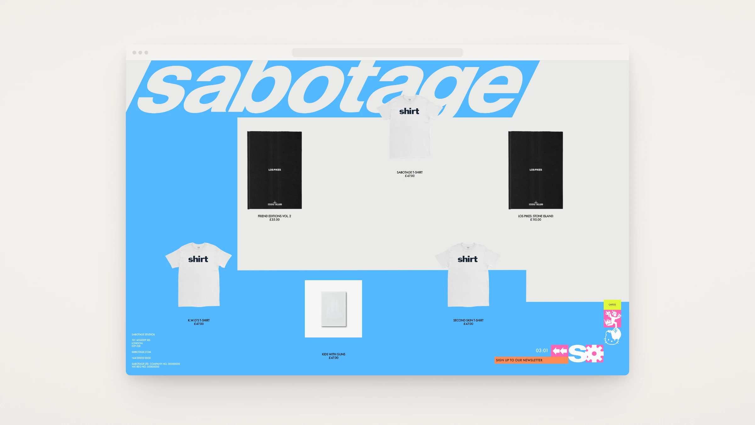 The Sabotage store in a browser window: the giant white wordmark on blue, and t-shirts and black Stone Island books with prices on grey and blue panels