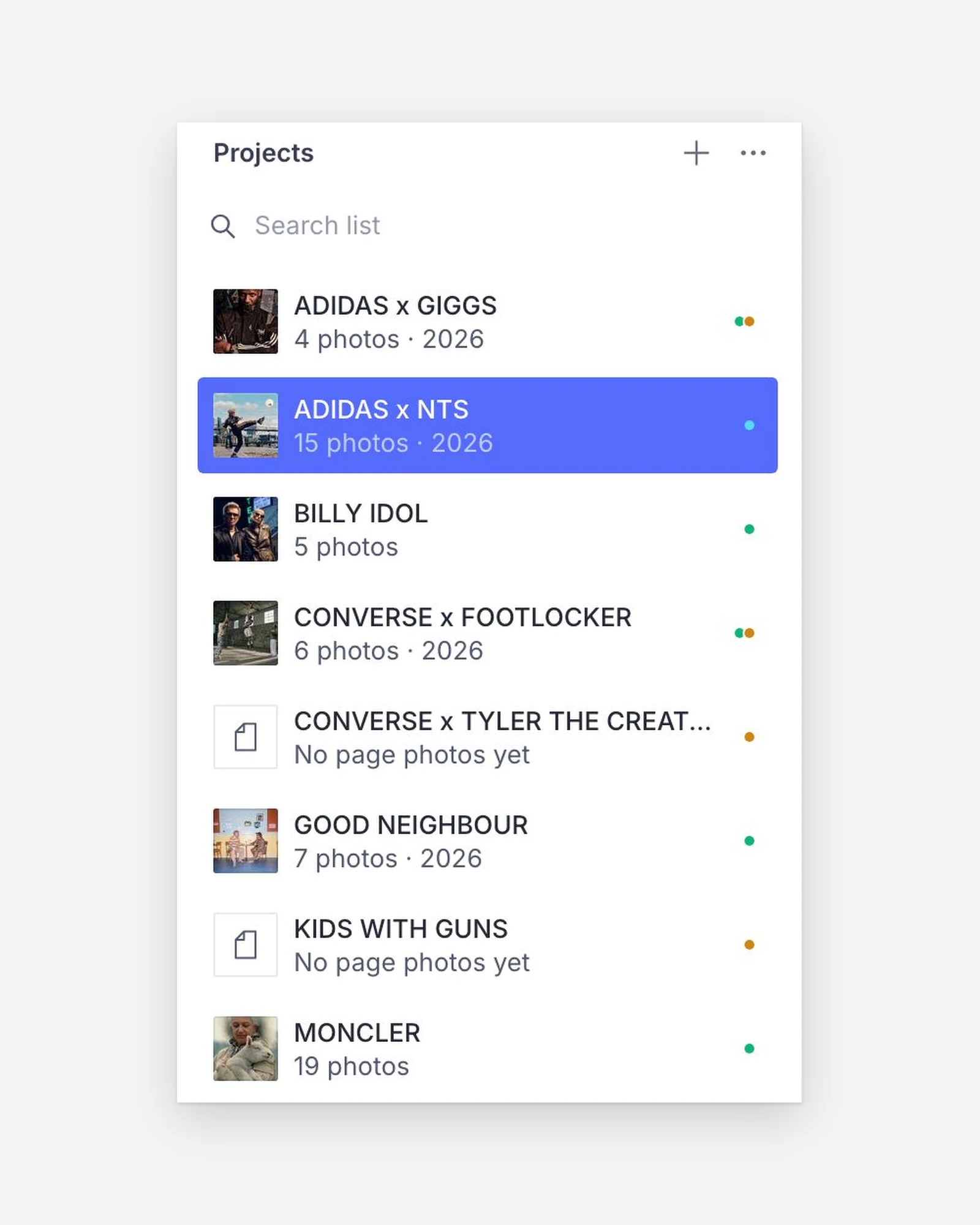 The Projects list in the Sabotage Studio, set on paper: ADIDAS x GIGGS to MONCLER, each with its cover, photo count and published dot