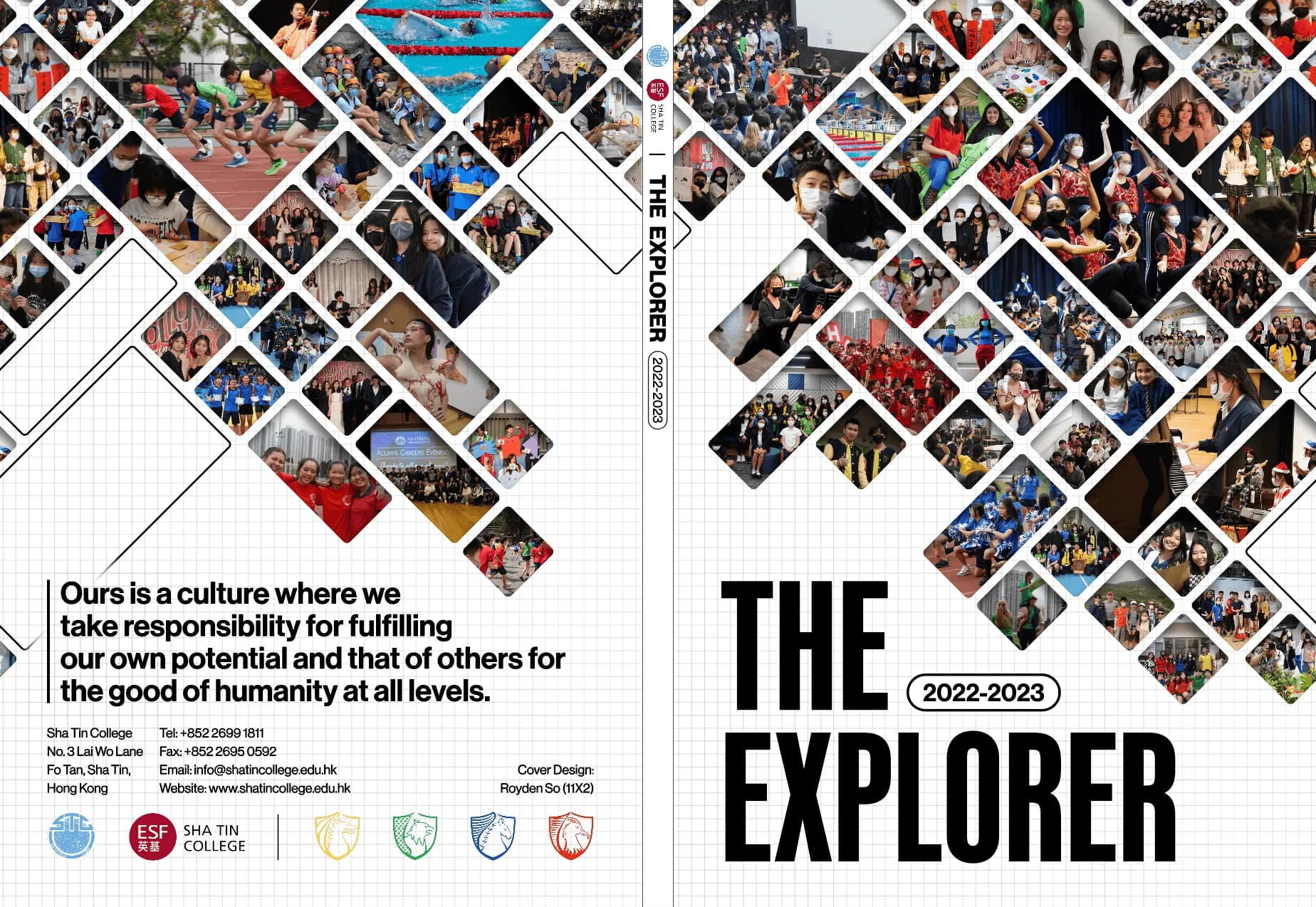 The Explorer's full wrap on paper: back cover with the mission statement and house crests, spine, and the front cover's diamond mosaic