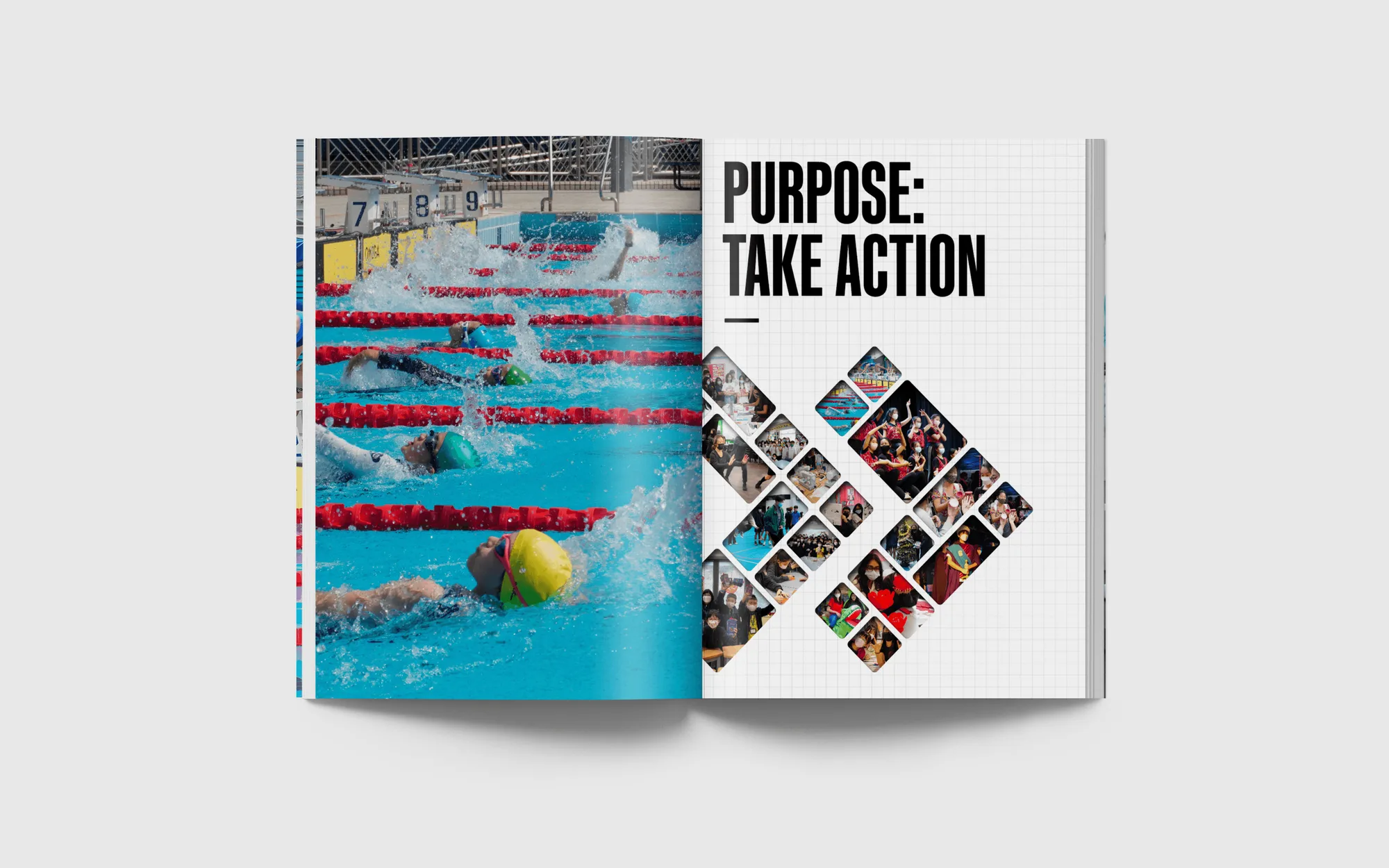 An open spread: a full-bleed swimming gala photo beside PURPOSE: TAKE ACTION and a cluster of diamond photos