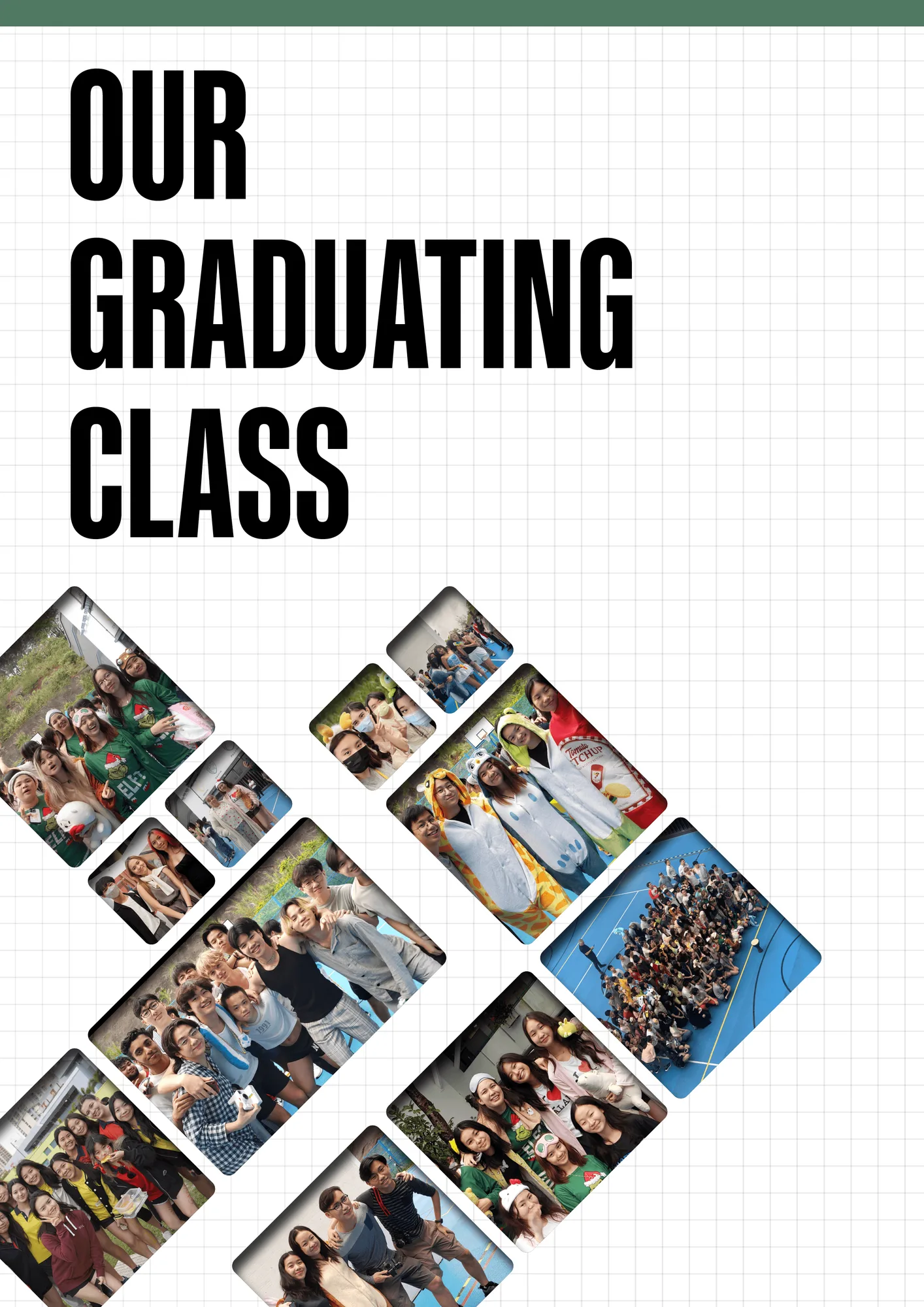 The OUR GRADUATING CLASS divider page, diamond-cut class photos on graph paper, on paper