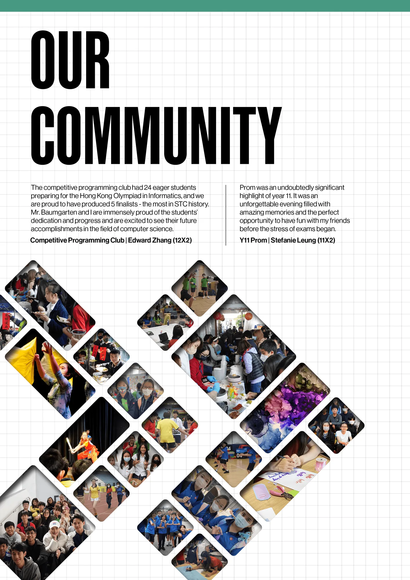 The OUR COMMUNITY divider page, two student quotes and a diamond photo mosaic, on paper