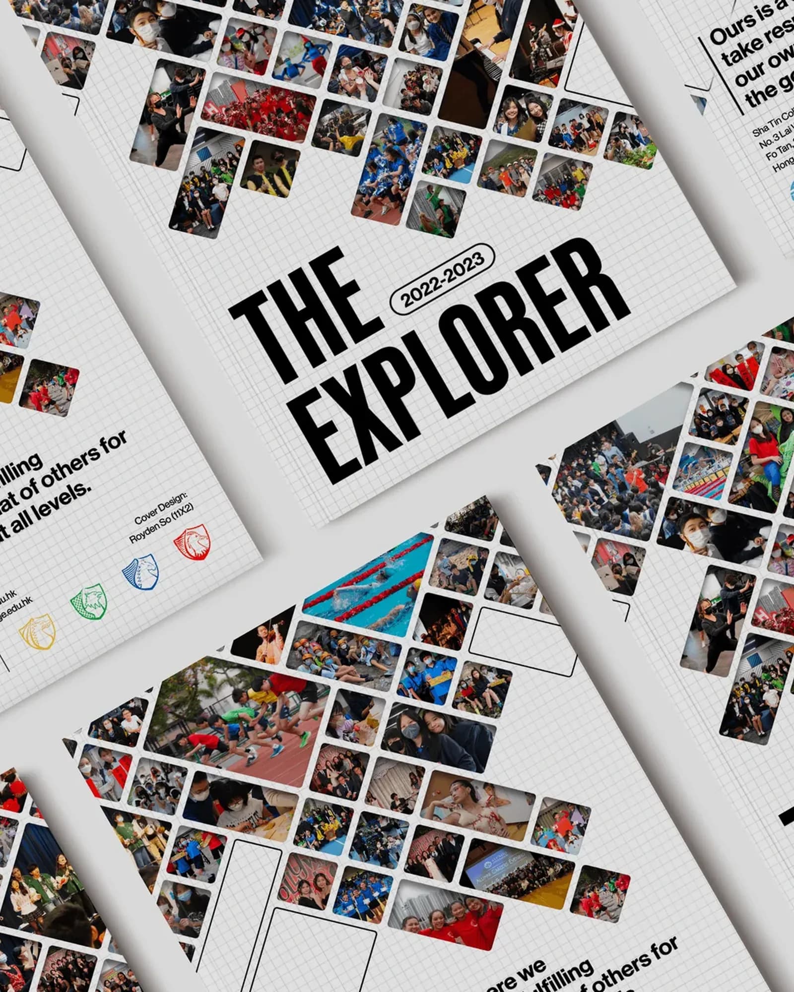 Copies of The Explorer 2022-2023 yearbook scattered at an angle, their covers a mosaic of student photos in diamonds