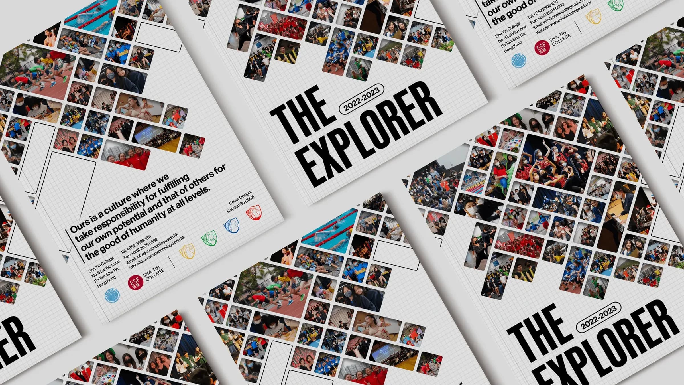 Copies of The Explorer 2022-2023 yearbook scattered at an angle, their covers a mosaic of student photos in diamonds