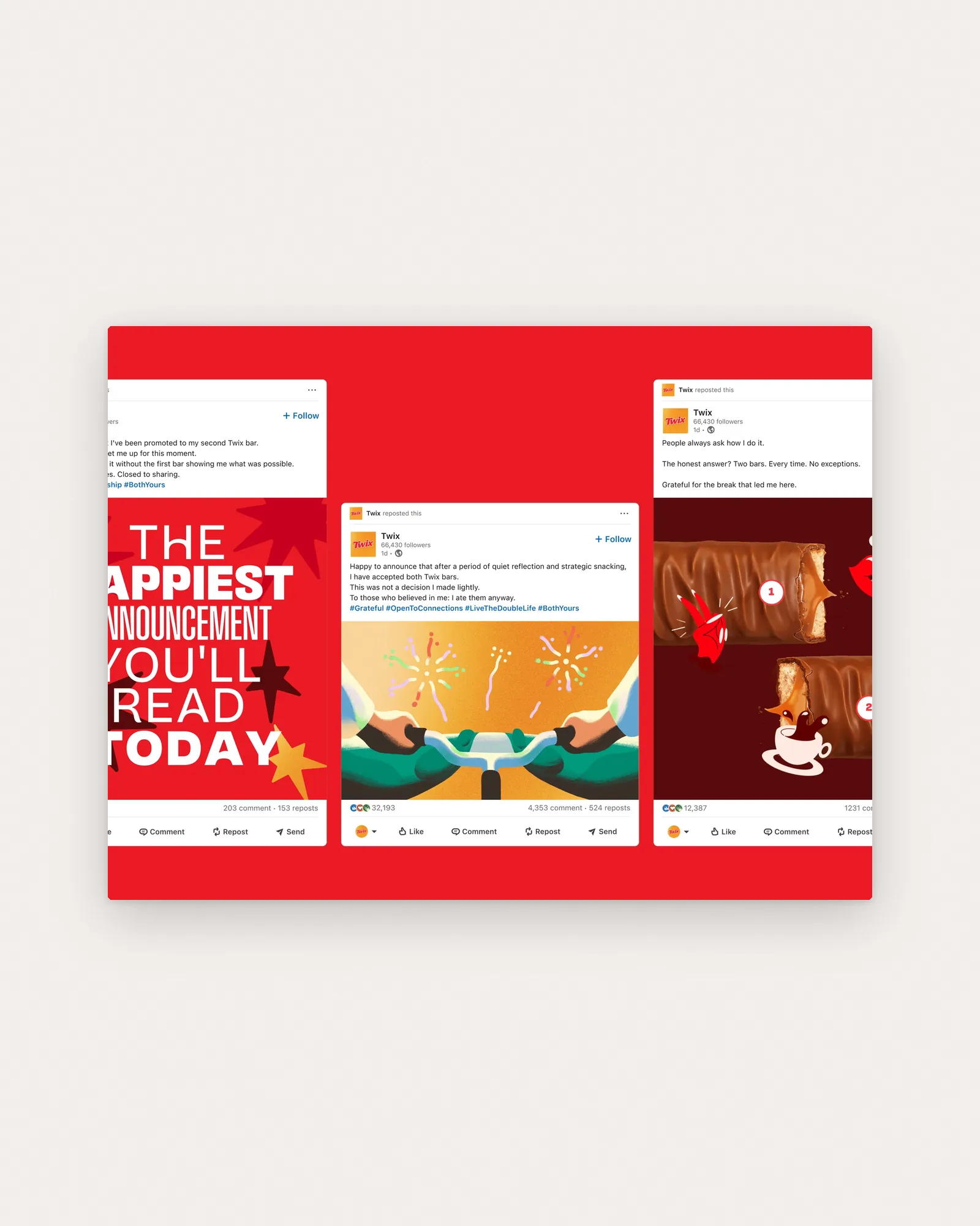 Three LinkedIn posts on red: "The happiest announcement you'll read today", "I have accepted both Twix bars. #BothYours" and "Two bars. Every time."
