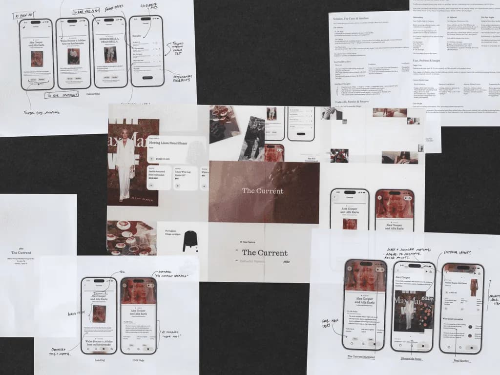 Phia product explorations pinned on a wall