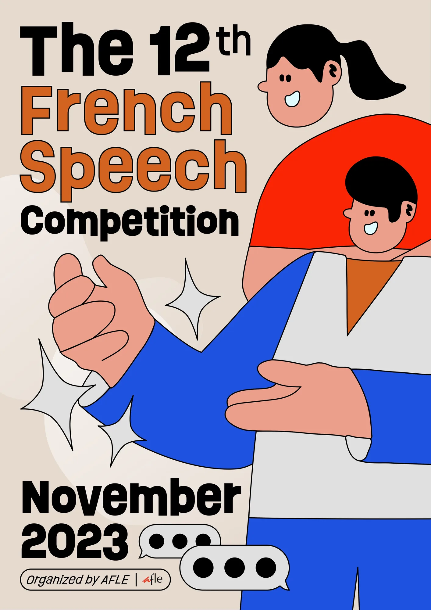 The 12th French Speech Competition poster on paper: two cartoon characters, a gesturing hand, sparkles and speech bubbles