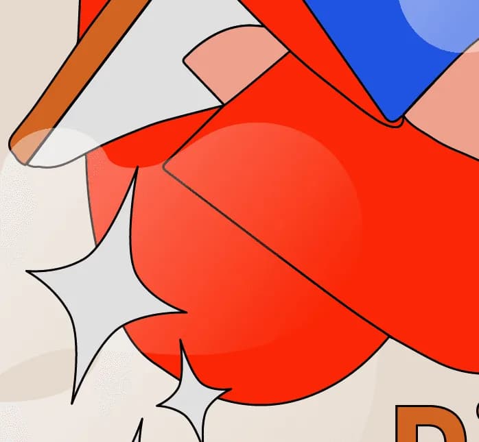 A detail of the Speech Competition illustration on paper: a red figure, a pencil and sparkles