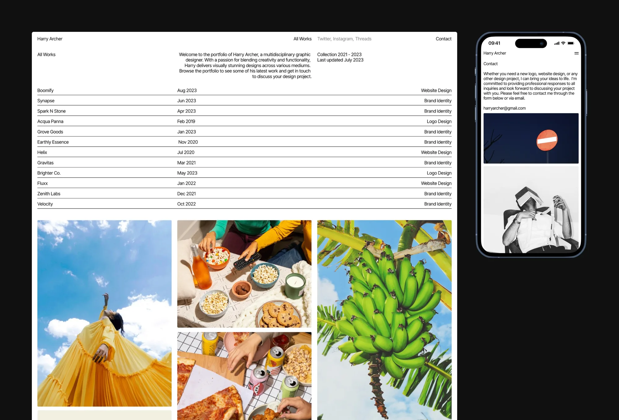 Archer's All Works project index above the photo grid, beside an iPhone contact page