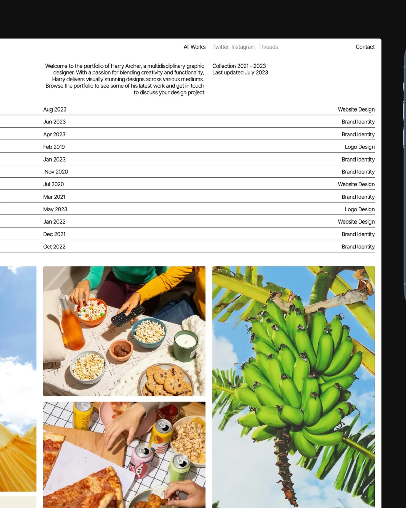 The Archer template: Harry Archer's All Works index above a photo grid of a yellow dress, snacks and green bananas, beside an iPhone contact page