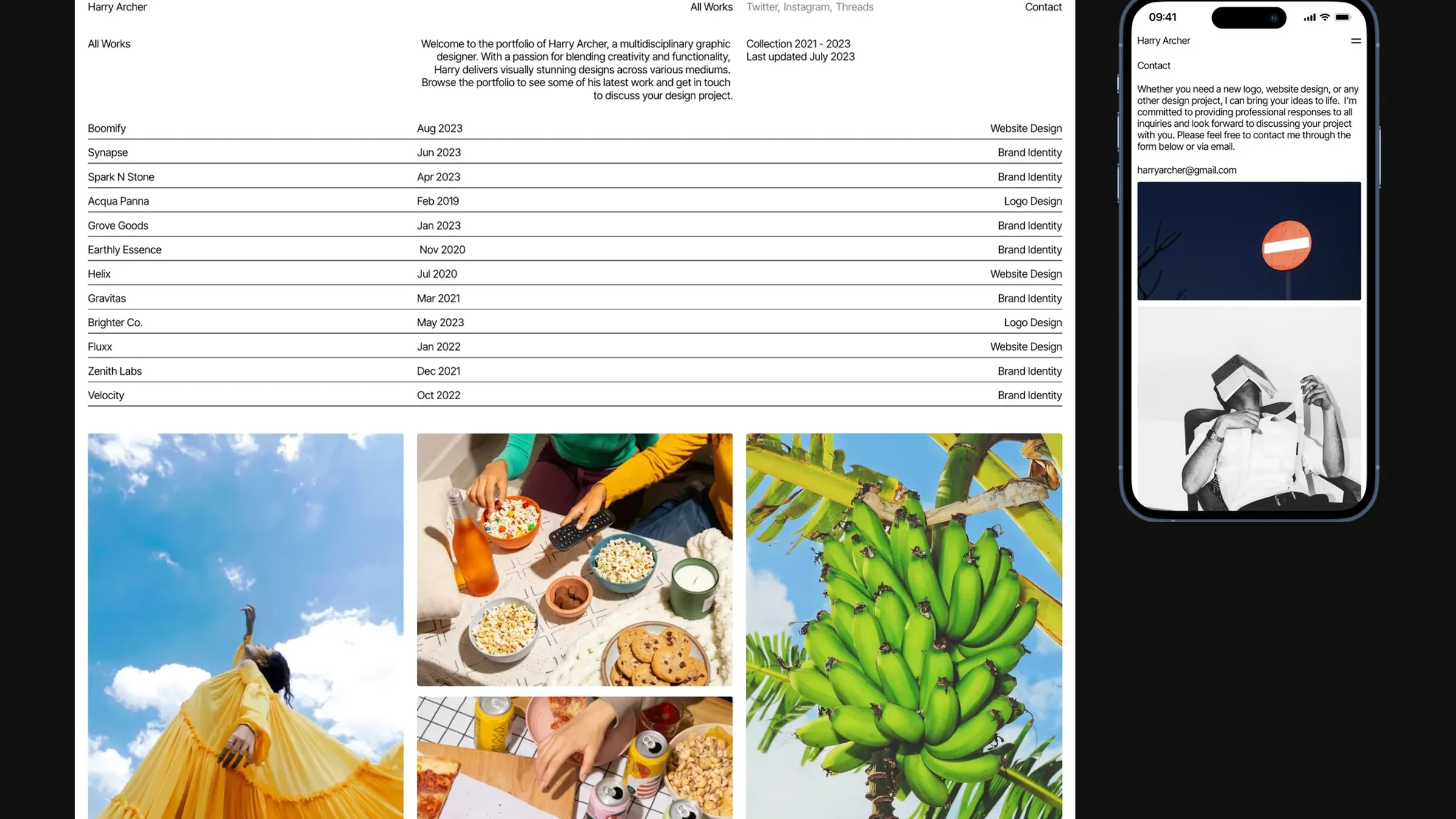 The Archer template: Harry Archer's All Works index above a photo grid of a yellow dress, snacks and green bananas, beside an iPhone contact page