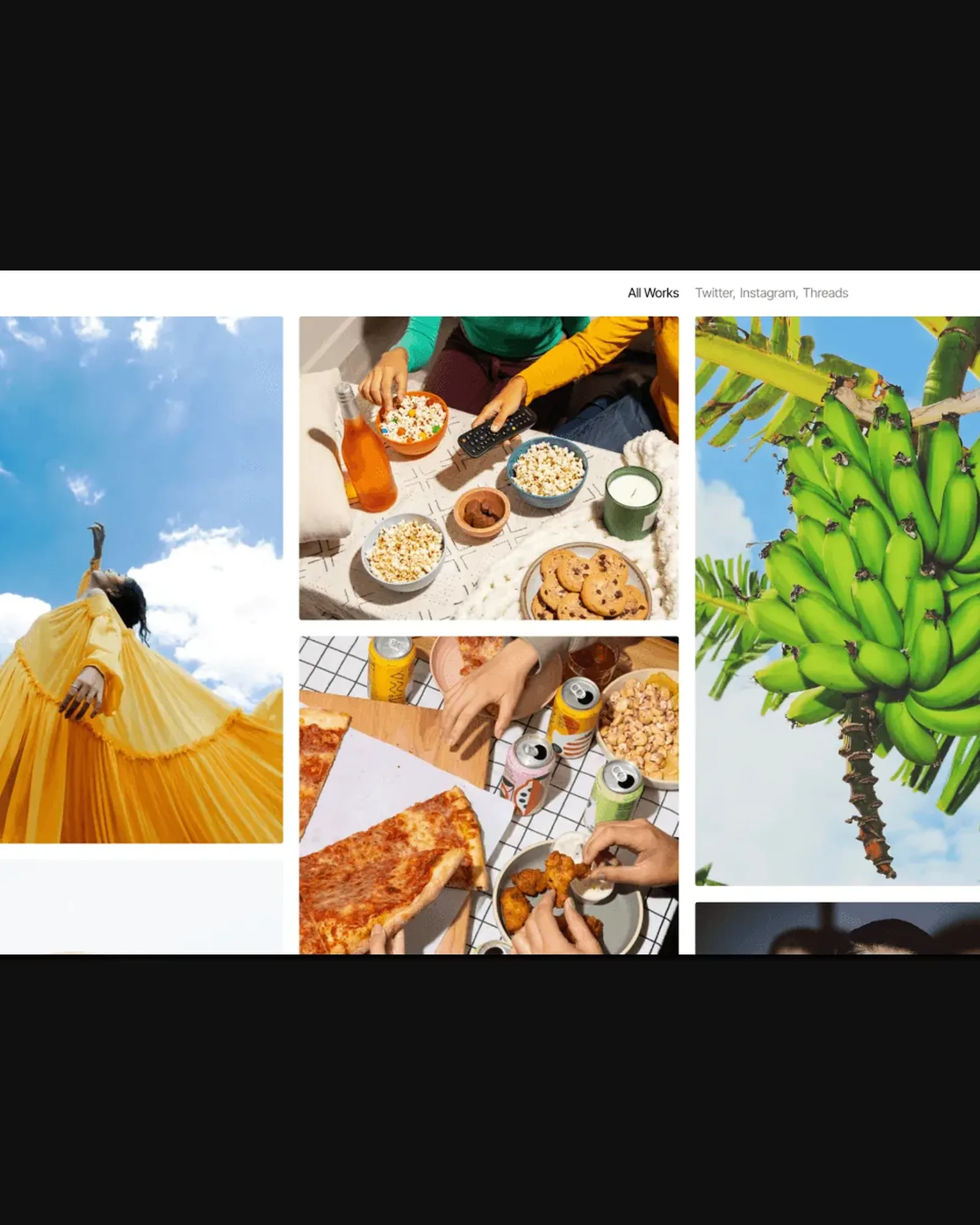 The Archer homepage in a browser window on black: a woman in a yellow dress against the sky, snacks and green bananas
