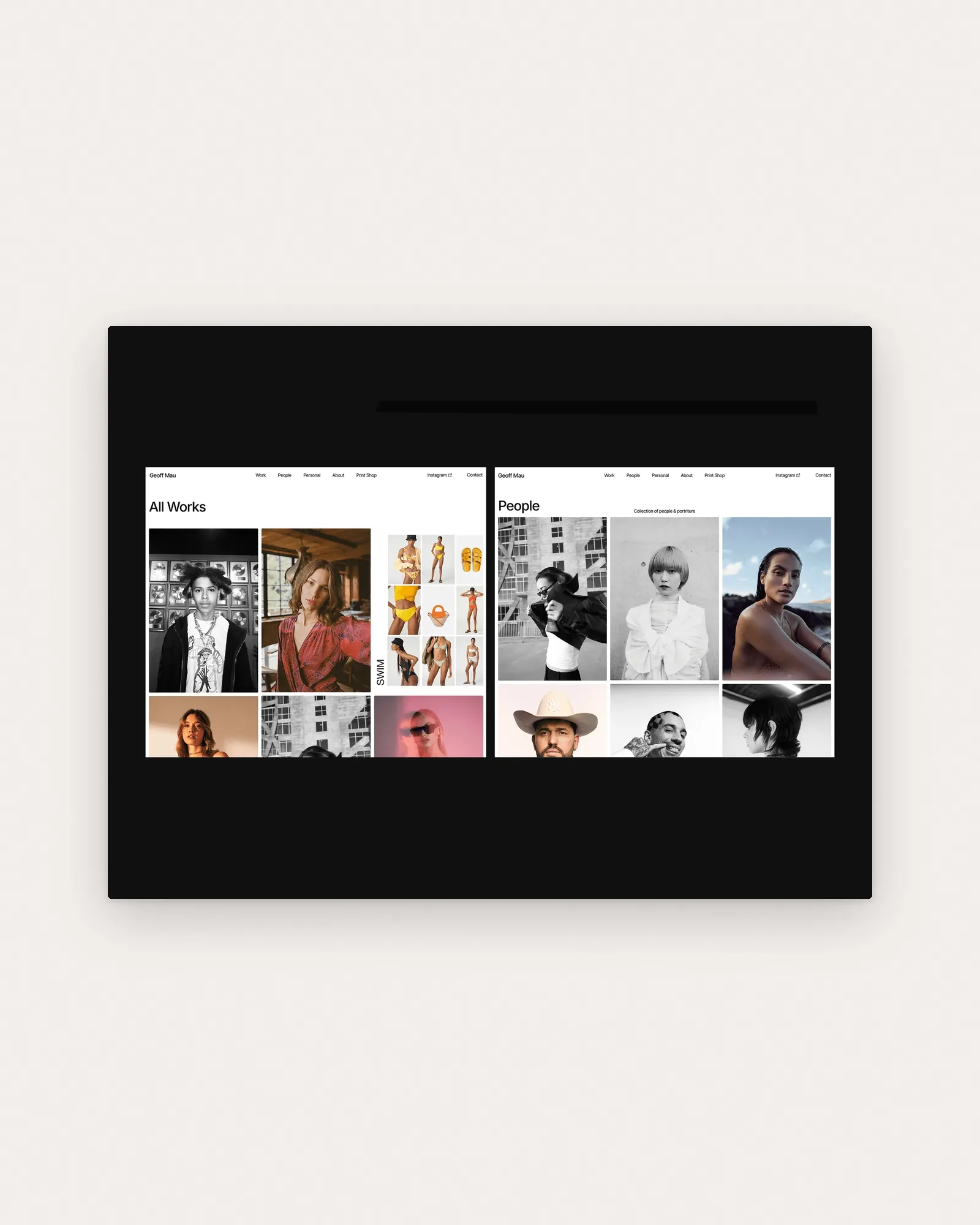 Geoff Mau's site on Archer: the All Works page of portraits and a SWIM grid beside the People page