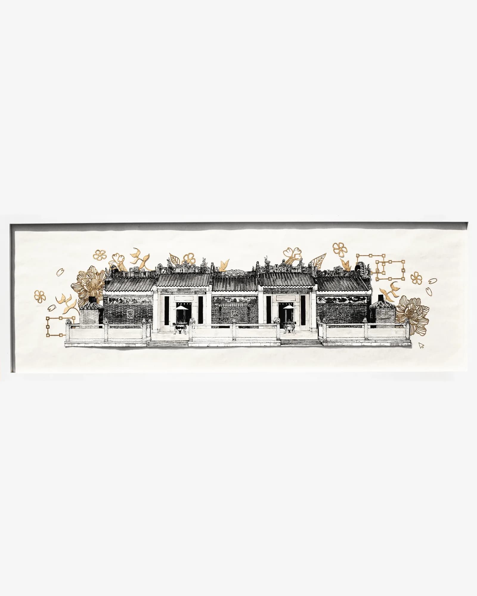 回紋 Epiphany, February 2025, ink on card, 90 × 30 cm: a framed ink drawing of an ancestral hall with gold papercut peonies
